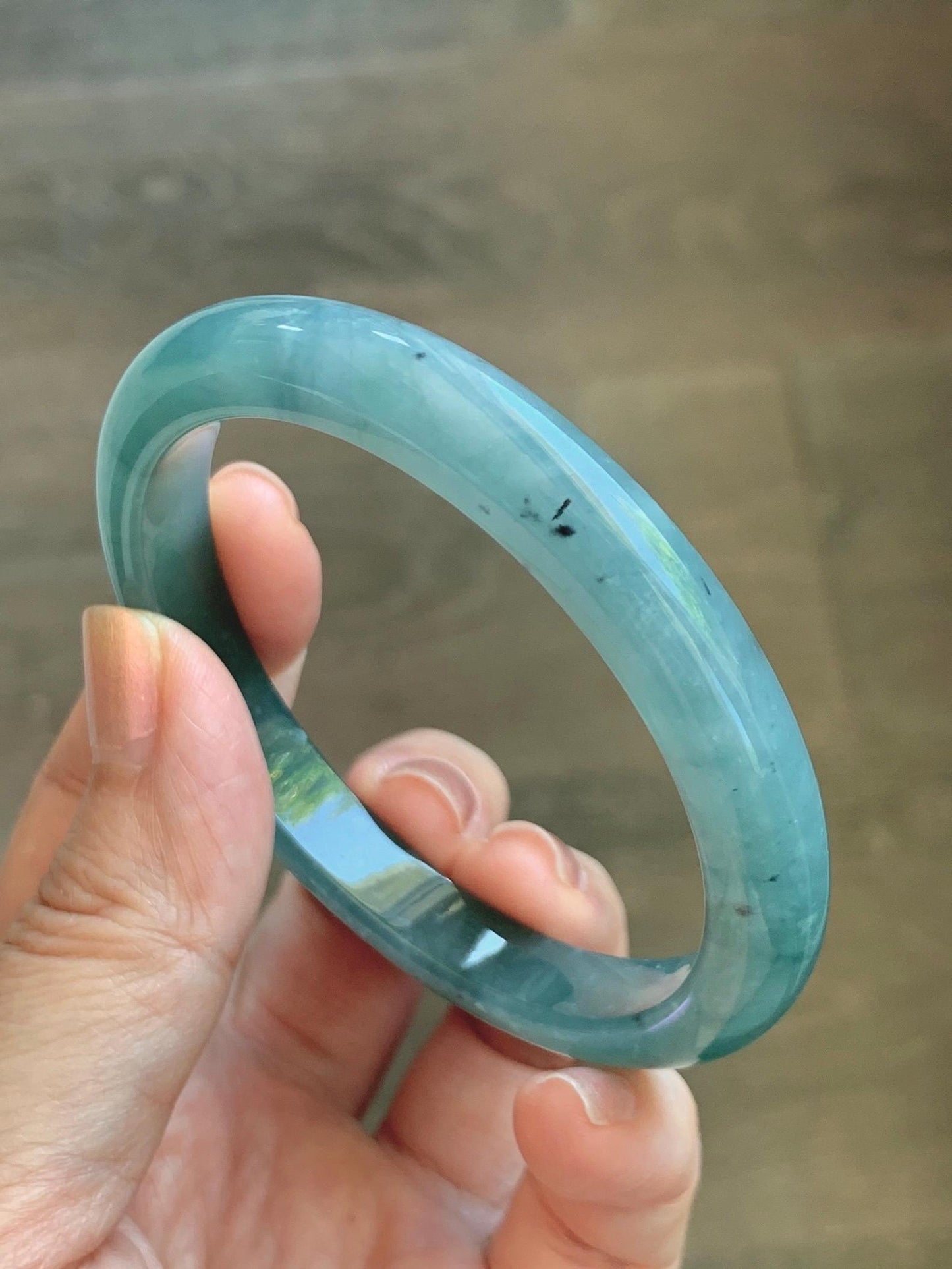 Certified Natural Grade A Guatemalan Icy Translucent Dusty Teal Green Wuji Marbled Jade Jadeite Bangle 56.9mm 7.03” 36.5g 天然冰危蓝绿乌鸡翡翠正圈手镯 214