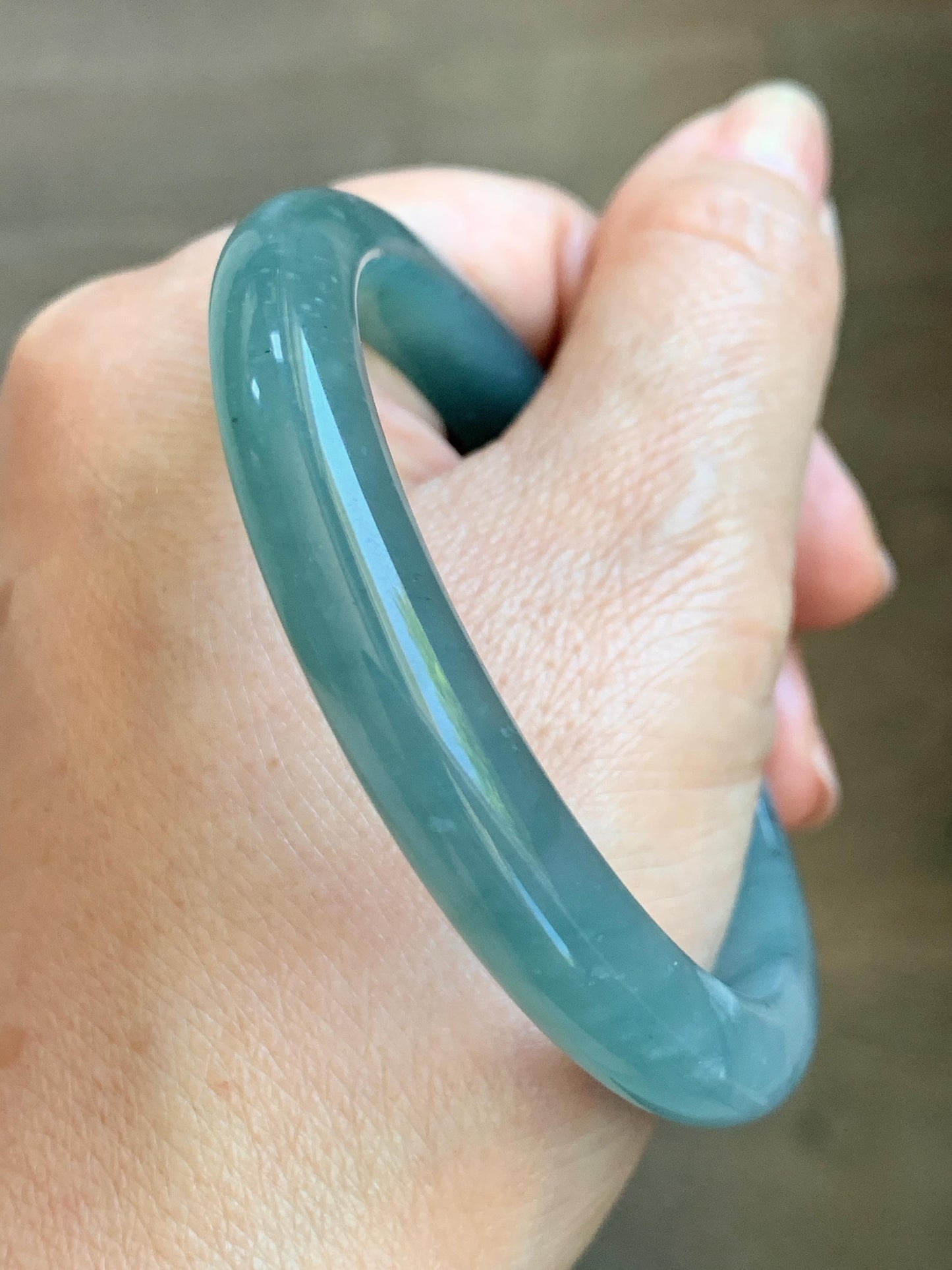 Certified Natural Grade A Guatemalan Icy Translucent Dusty Teal Green Wuji Marbled Jade Jadeite Bangle 56.9mm 7.03” 36.5g 天然冰危蓝绿乌鸡翡翠正圈手镯 214