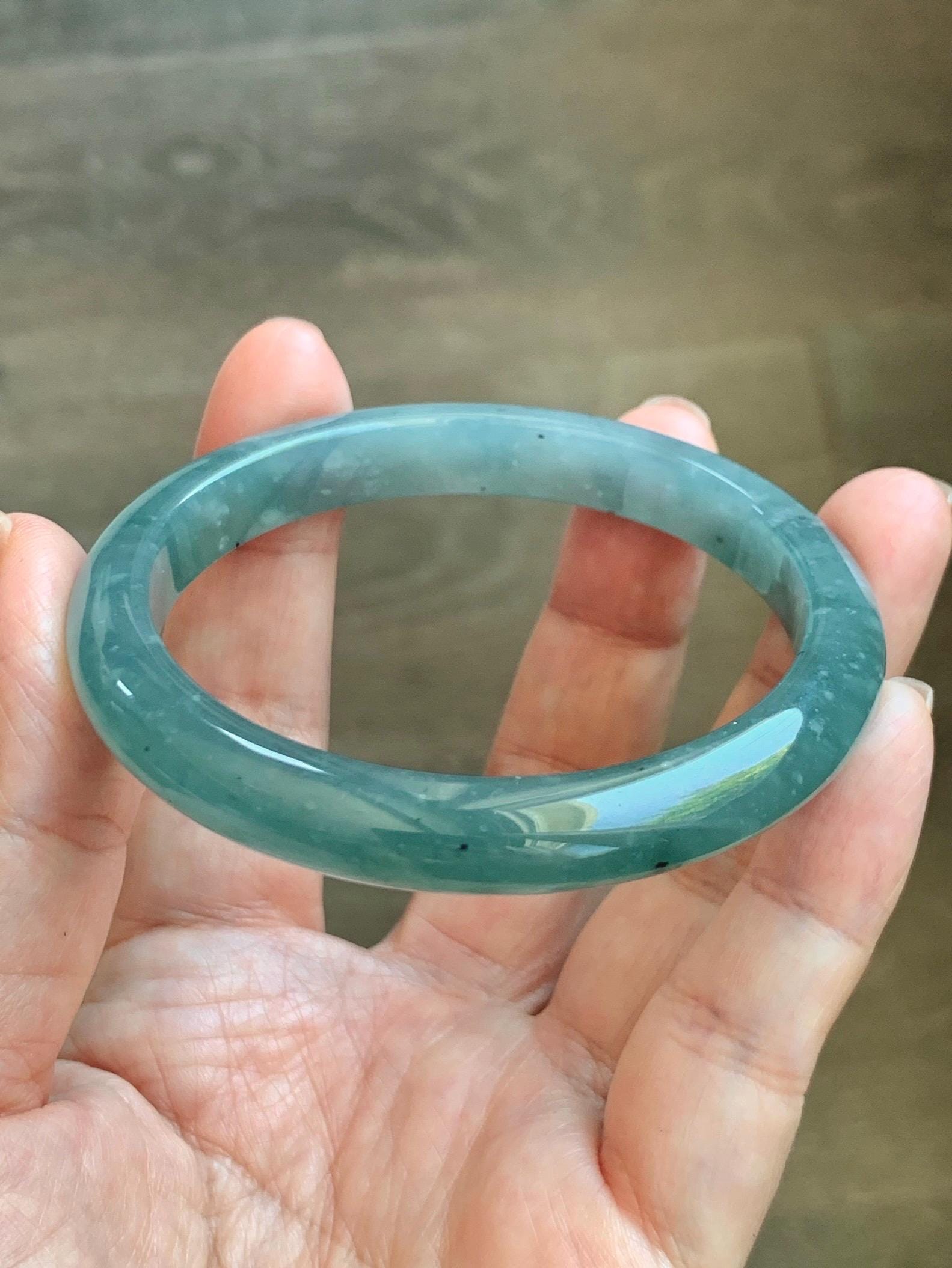 Certified Natural Grade A Guatemalan Icy Translucent Dusty Teal Green Wuji Marbled Jade Jadeite Bangle 56.9mm 7.03” 36.5g 天然冰危蓝绿乌鸡翡翠正圈手镯 214
