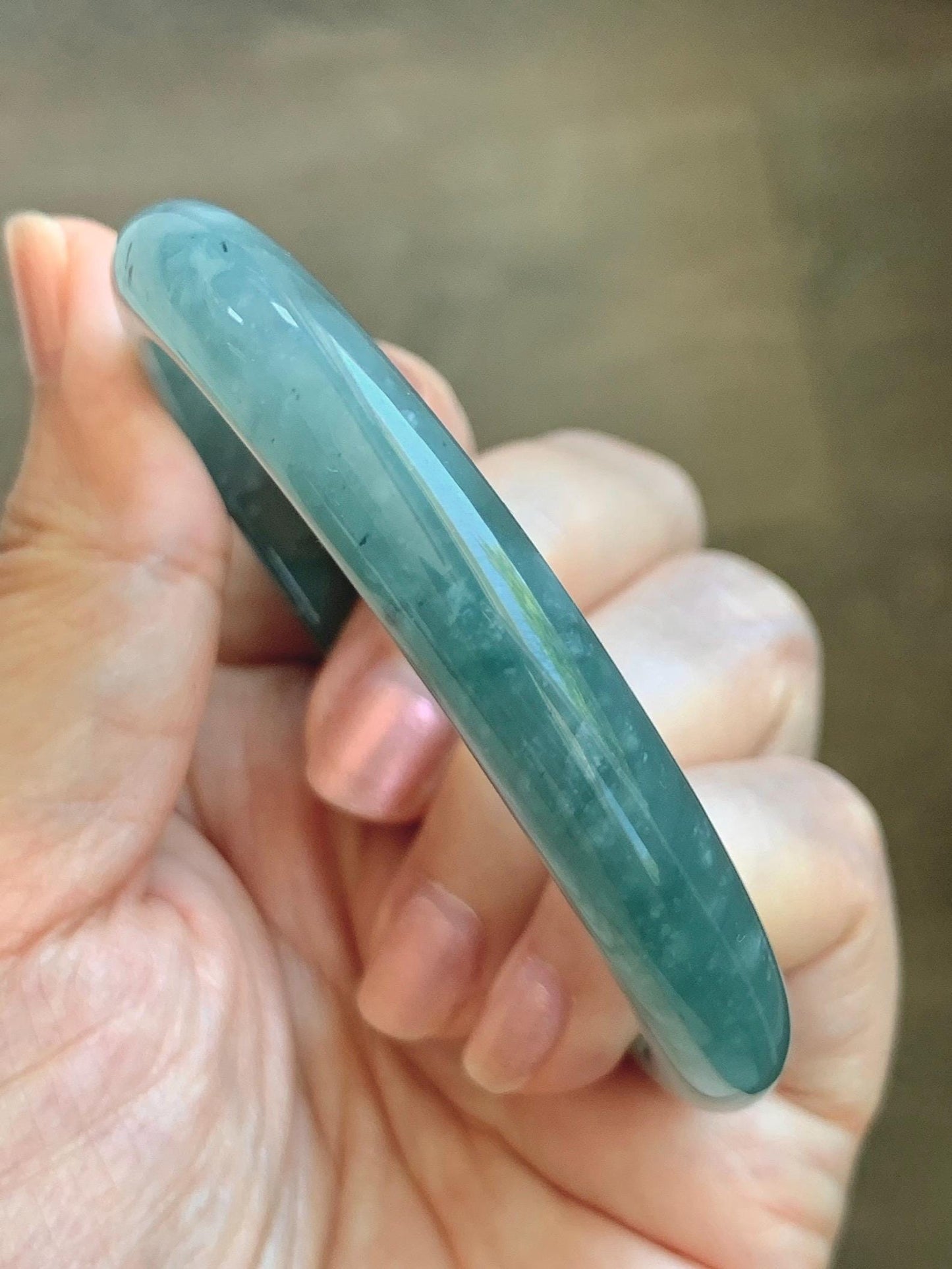 Certified Natural Grade A Guatemalan Icy Translucent Dusty Teal Green Wuji Marbled Jade Jadeite Bangle 56.9mm 7.03” 36.5g 天然冰危蓝绿乌鸡翡翠正圈手镯 214