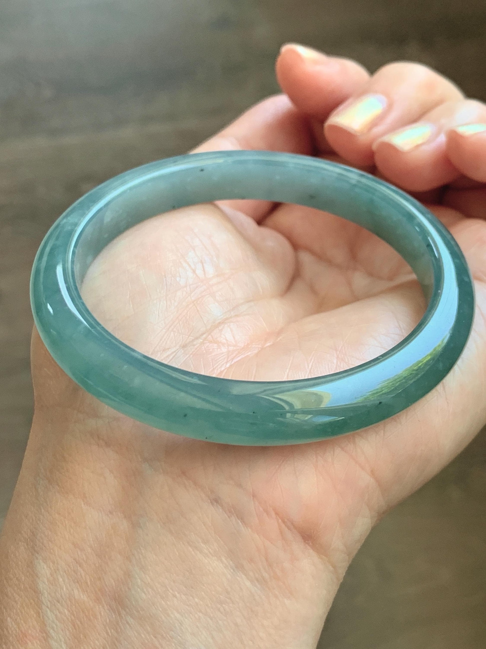 Certified Natural Grade A Guatemalan Icy Translucent Dusty Teal Green Wuji Marbled Jade Jadeite Bangle 56.9mm 7.03” 36.5g 天然冰危蓝绿乌鸡翡翠正圈手镯 214