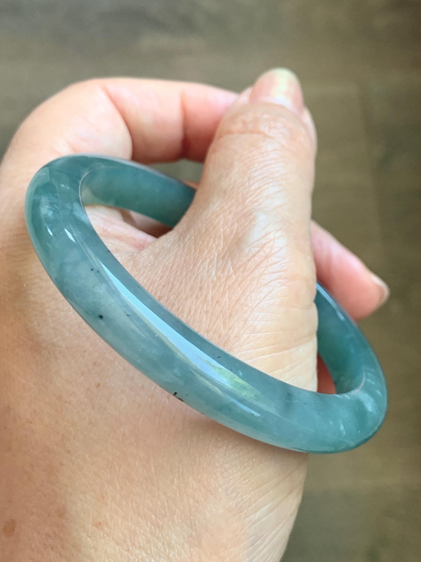 Certified Natural Grade A Guatemalan Icy Translucent Dusty Teal Green Wuji Marbled Jade Jadeite Bangle 56.9mm 7.03” 36.5g 天然冰危蓝绿乌鸡翡翠正圈手镯 214