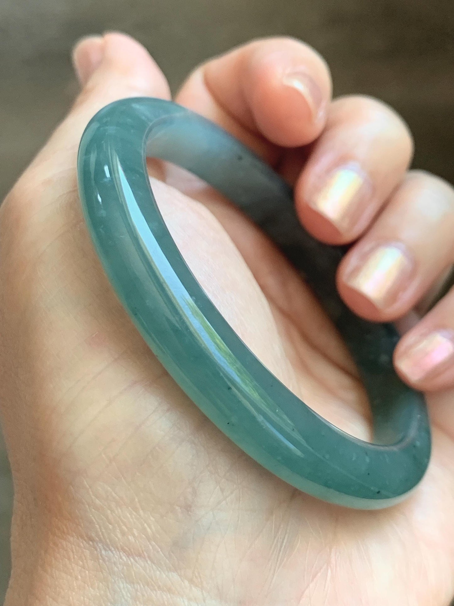 Certified Natural Grade A Guatemalan Icy Translucent Dusty Teal Green Wuji Marbled Jade Jadeite Bangle 56.9mm 7.03” 36.5g 天然冰危蓝绿乌鸡翡翠正圈手镯 214