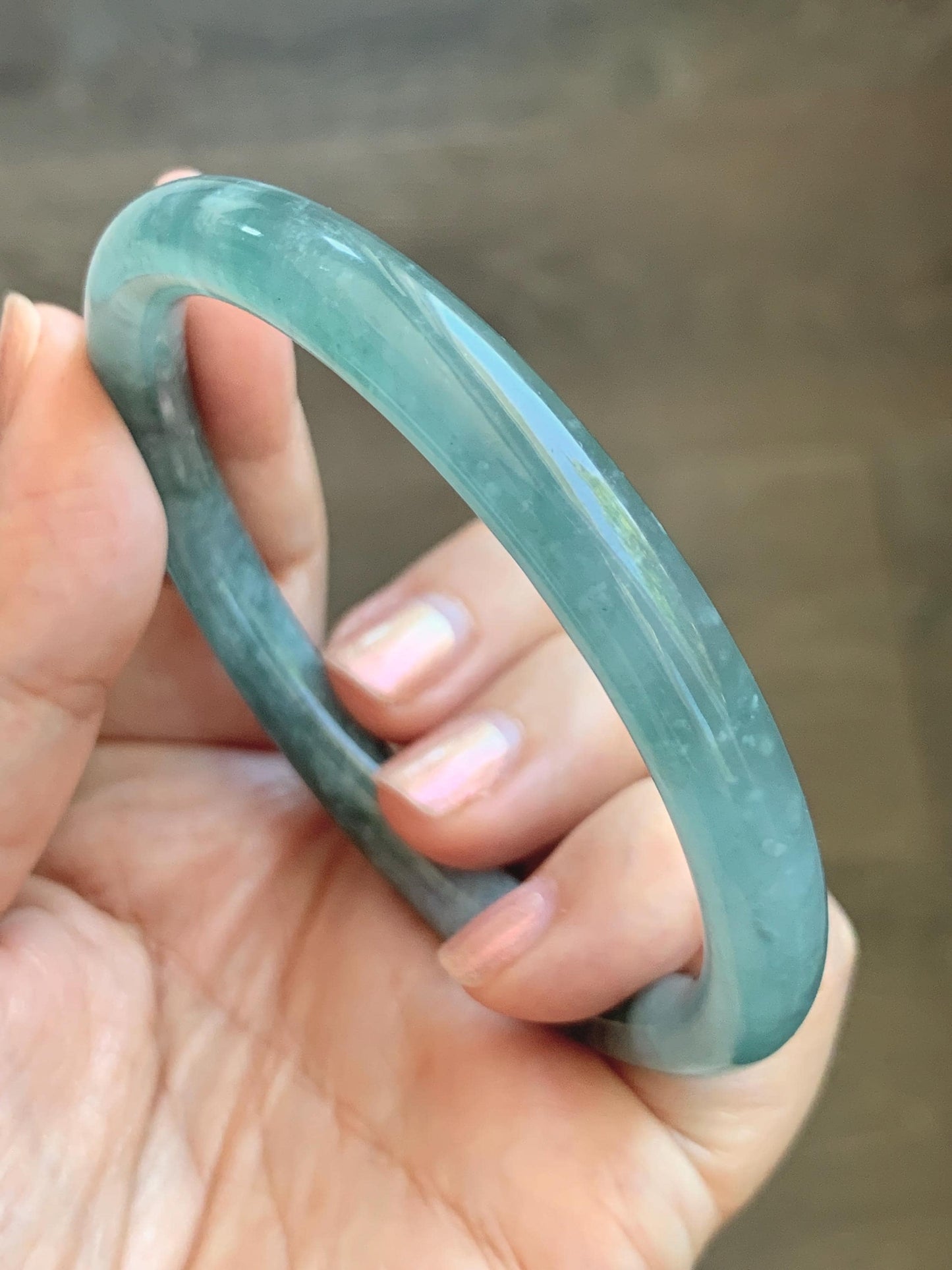 Certified Natural Grade A Guatemalan Icy Translucent Dusty Teal Green Jade Jadeite Bangle Bracelet 59.77mm 7.39” 32g 天然冰危蓝绿翡翠圆条手镯 199