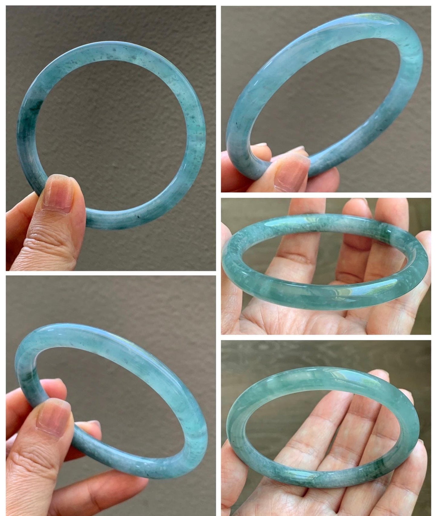 Certified Natural Grade A Guatemalan Icy Translucent Dusty Teal Green Jade Jadeite Bangle Bracelet 59.77mm 7.39” 32g 天然冰危蓝绿翡翠圆条手镯 199