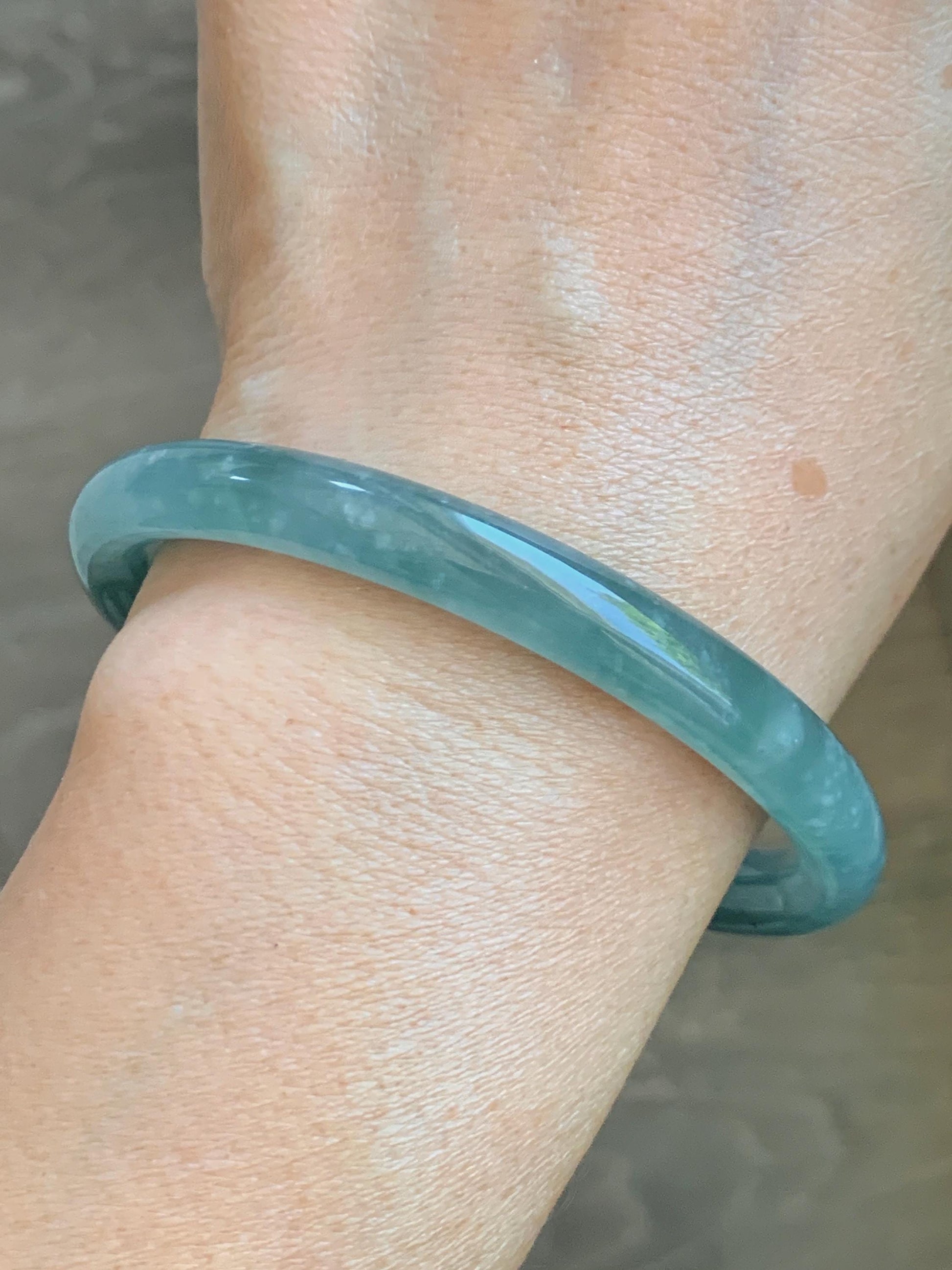Certified Natural Grade A Guatemalan Icy Translucent Dusty Teal Green Jade Jadeite Bangle Bracelet 59.77mm 7.39” 32g 天然冰危蓝绿翡翠圆条手镯 199