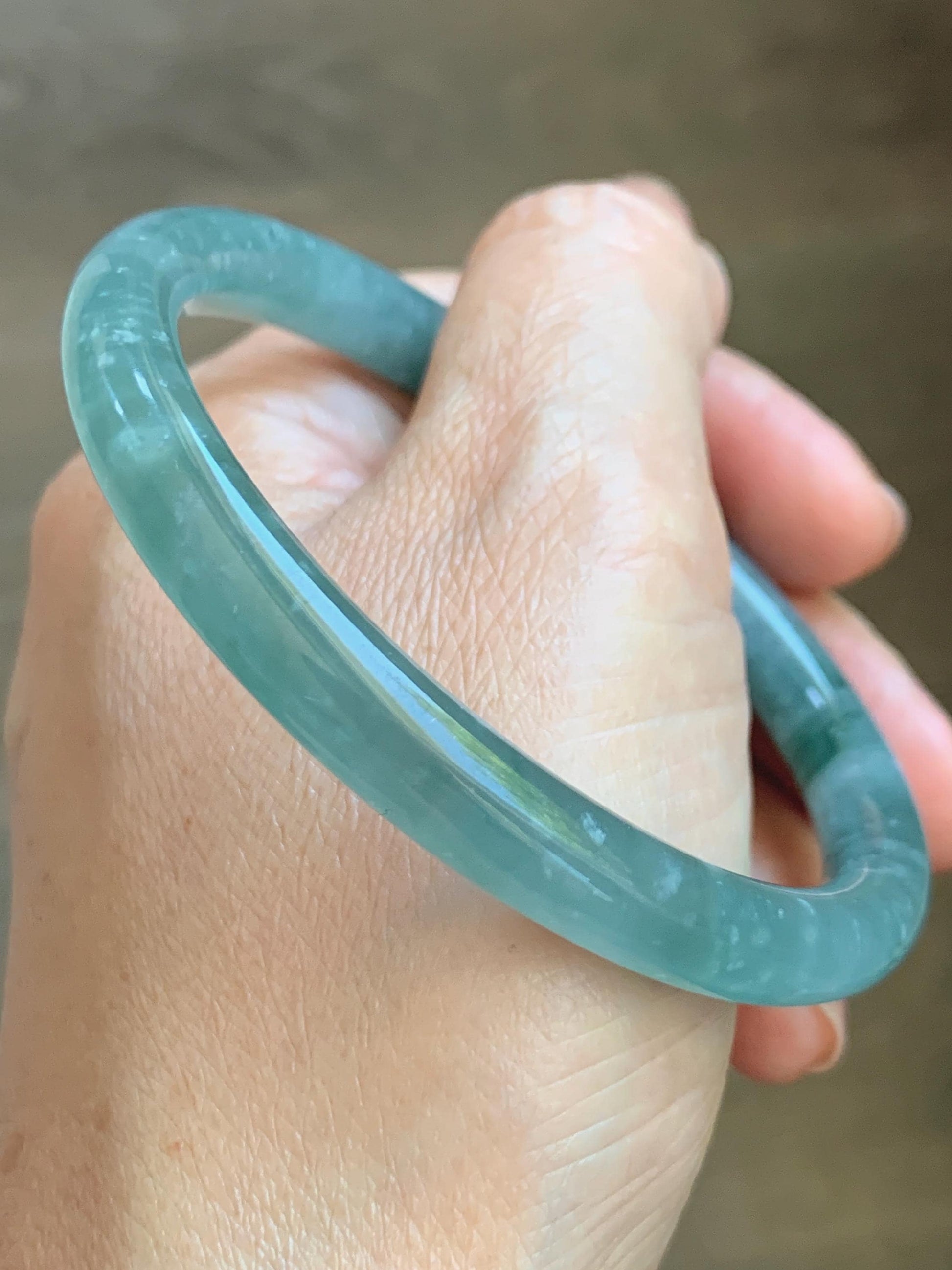 Certified Natural Grade A Guatemalan Icy Translucent Dusty Teal Green Jade Jadeite Bangle Bracelet 59.77mm 7.39” 32g 天然冰危蓝绿翡翠圆条手镯 199