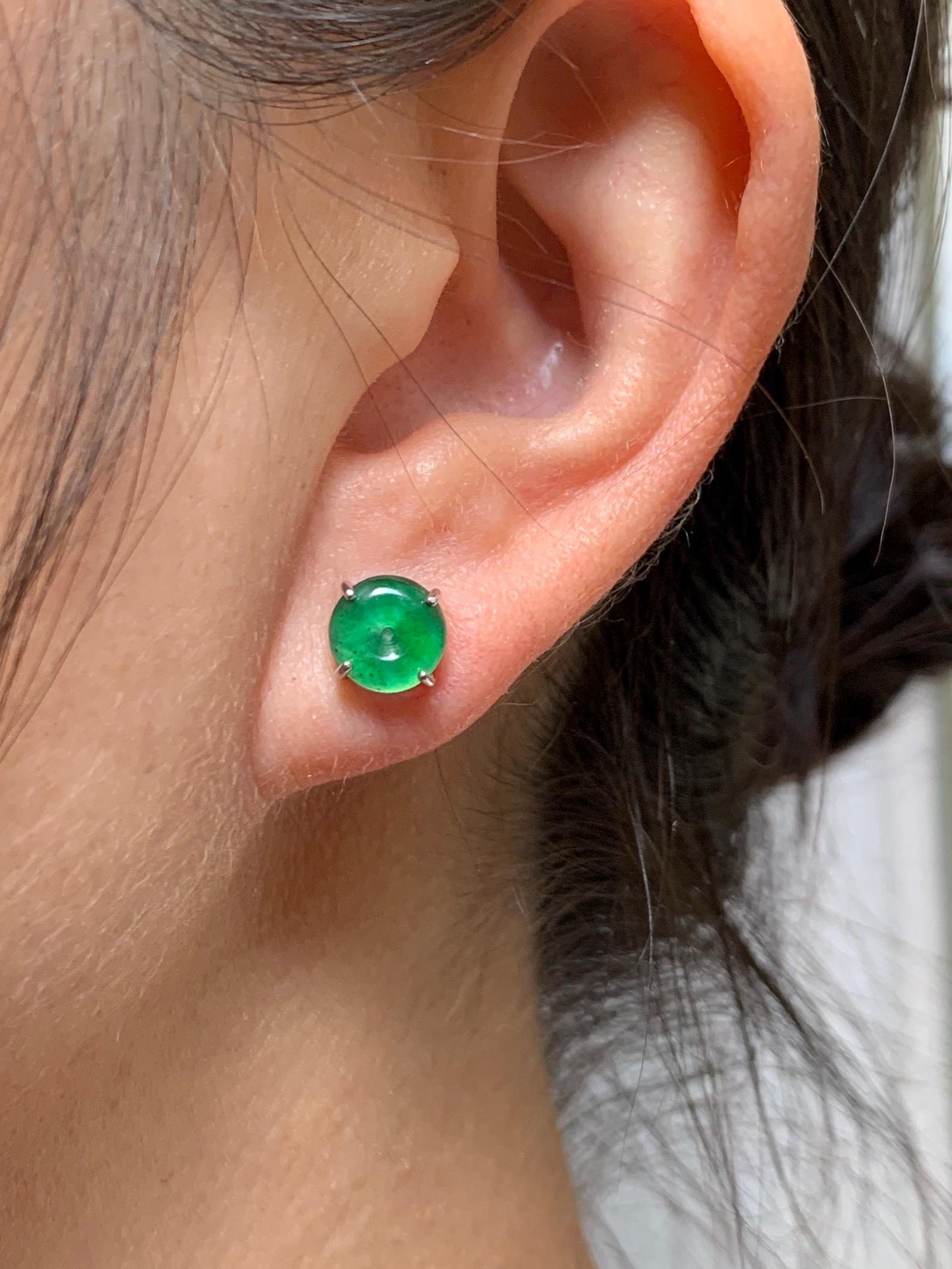 Natural Grade A Guatemalan Icy Translucent Vibrant Green Jade Jadeite Mini Ping An Kou Donut Earrings Sterling Silver 天然冰危绿翡翠平安扣耳钉 WLK100