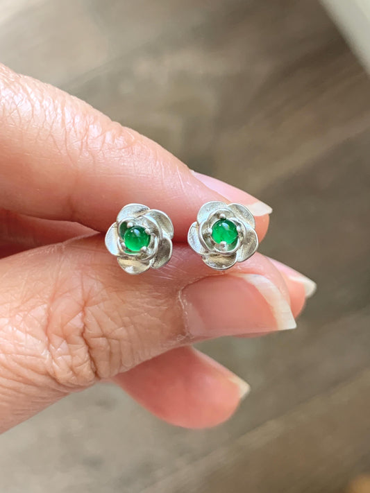 Petite Natural Grade A Guatemalan Icy Highly Translucent Vibrant Green Jade Jadeite Flower Stud Earrings Sterling Silver 天然冰危绿翡翠花银耳钉 XJH58Y