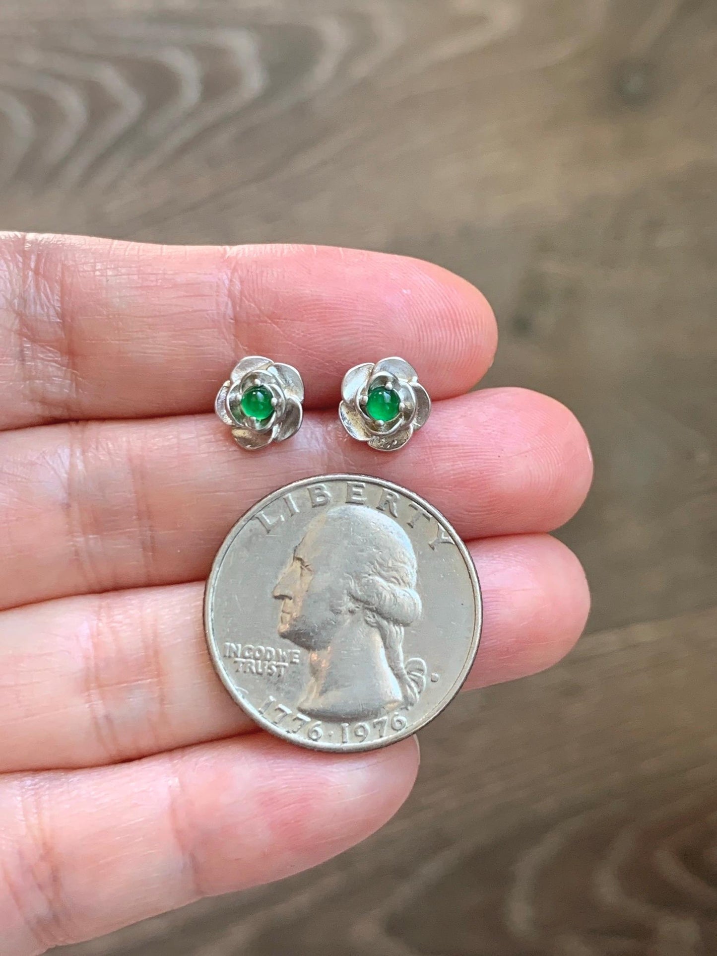 Petite Natural Grade A Guatemalan Icy Highly Translucent Vibrant Green Jade Jadeite Flower Stud Earrings Sterling Silver 天然冰危绿翡翠花银耳钉 XJH58Y