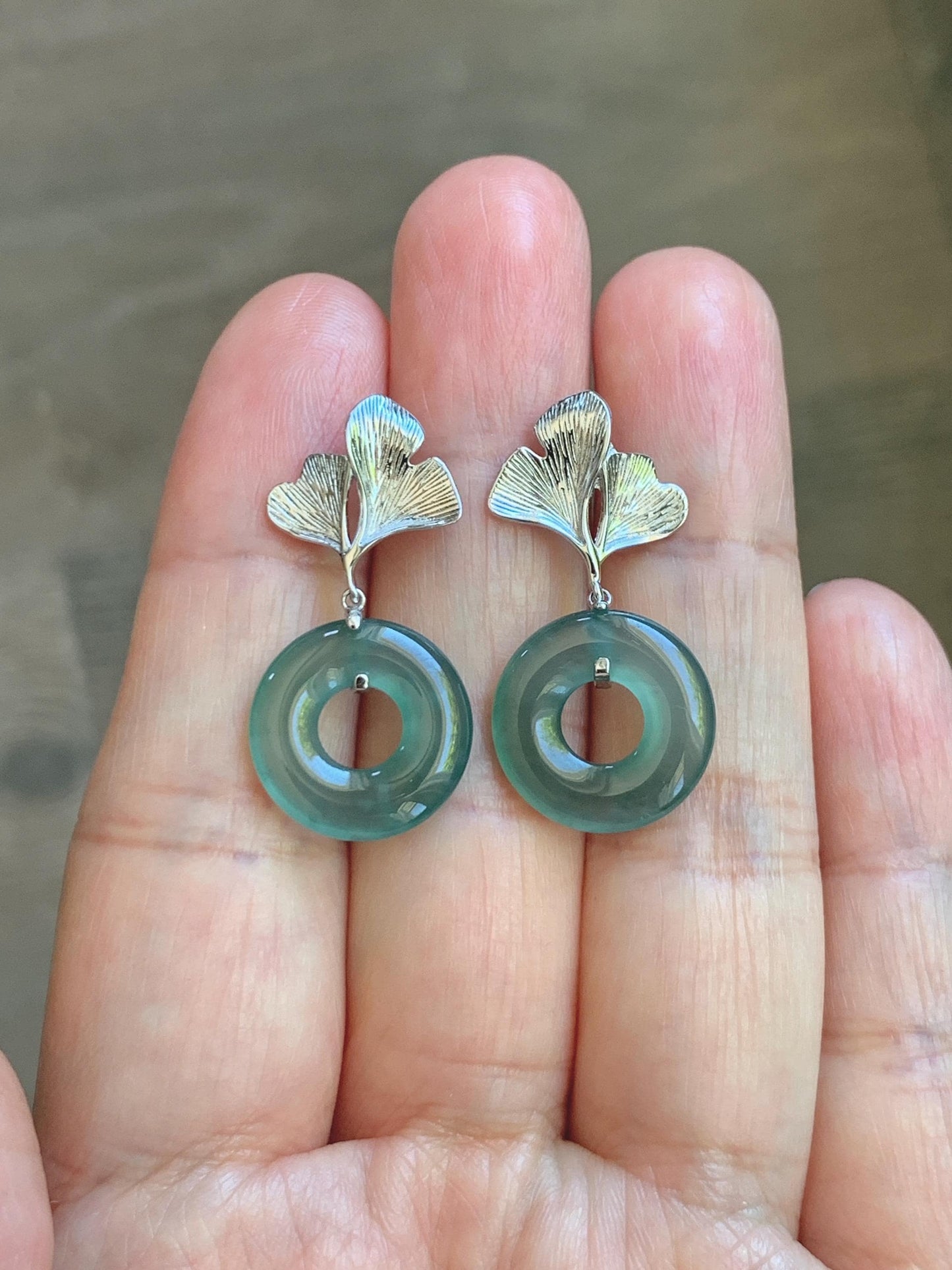 Natural Grade A Guatemalan Icy Teal Green Jade Jadeite Ping An Kou Donut Ginkgo Leaf Earrings Sterling Silver 天然冰危蓝绿翡翠平安扣银杏叶耳钉 WQK110