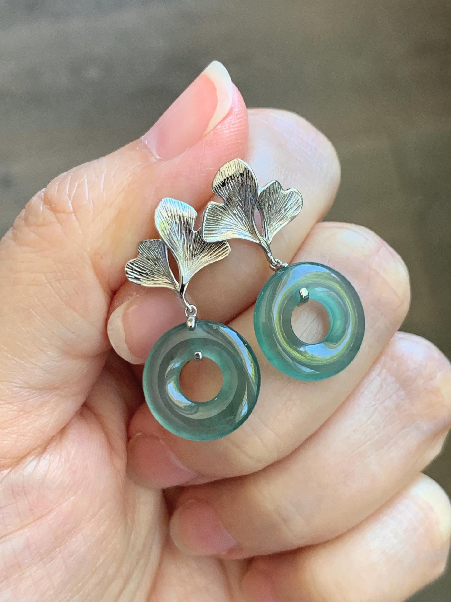 Natural Grade A Guatemalan Icy Teal Green Jade Jadeite Ping An Kou Donut Ginkgo Leaf Earrings Sterling Silver 天然冰危蓝绿翡翠平安扣银杏叶耳钉 WQK110