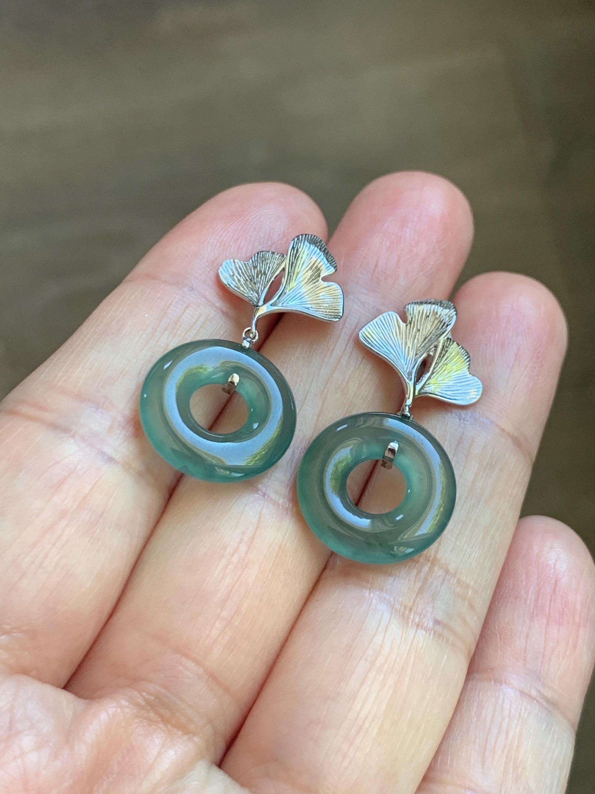 Natural Grade A Guatemalan Icy Teal Green Jade Jadeite Ping An Kou Donut Ginkgo Leaf Earrings Sterling Silver 天然冰危蓝绿翡翠平安扣银杏叶耳钉 WQK110
