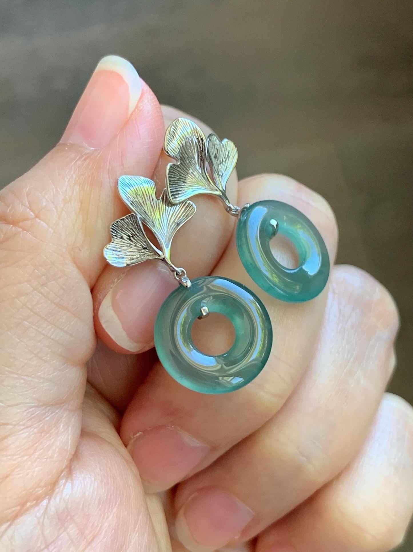 Natural Grade A Guatemalan Icy Teal Green Jade Jadeite Ping An Kou Donut Ginkgo Leaf Earrings Sterling Silver 天然冰危蓝绿翡翠平安扣银杏叶耳钉 WQK110