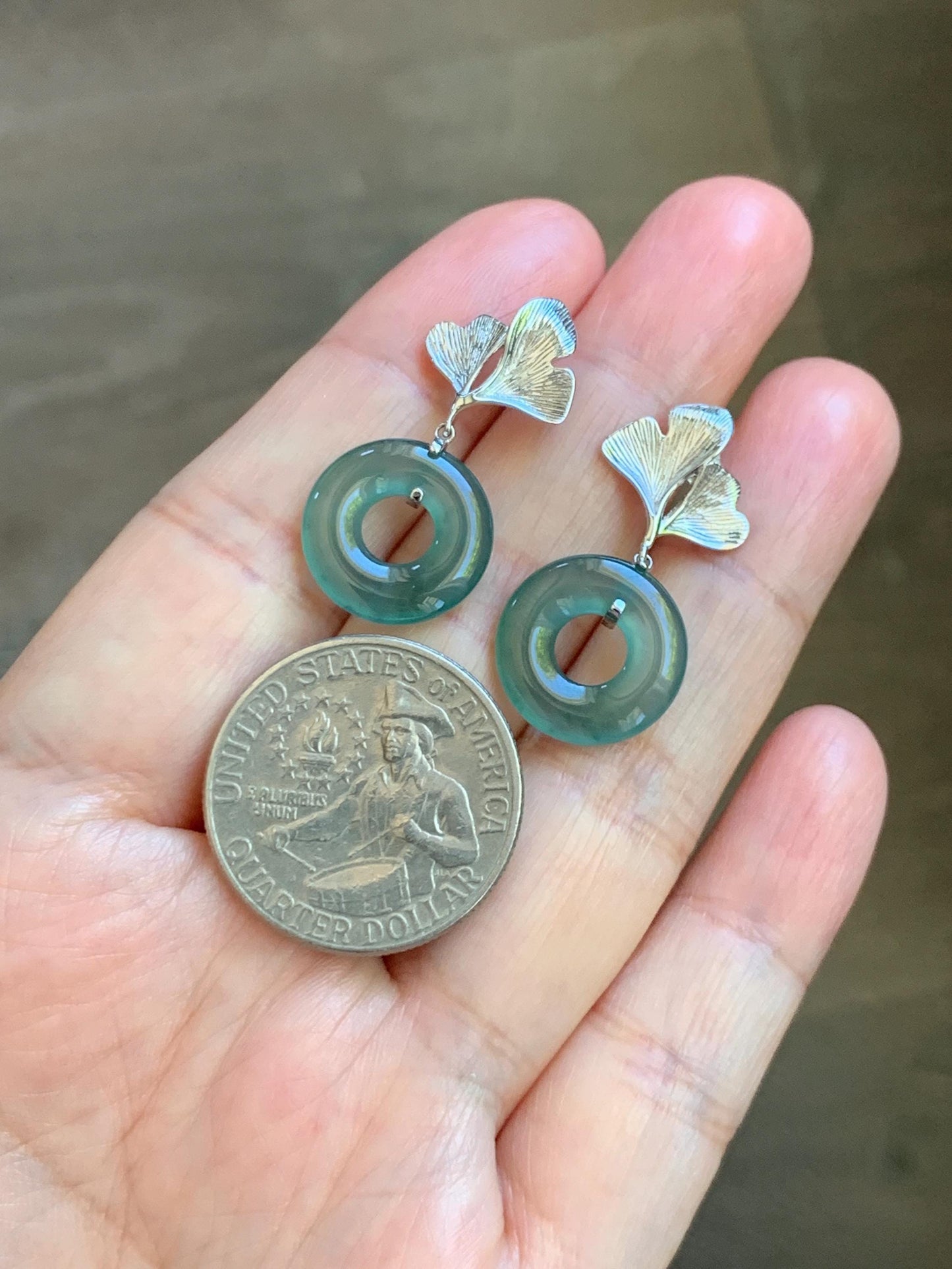 Natural Grade A Guatemalan Icy Teal Green Jade Jadeite Ping An Kou Donut Ginkgo Leaf Earrings Sterling Silver 天然冰危蓝绿翡翠平安扣银杏叶耳钉 WQK110
