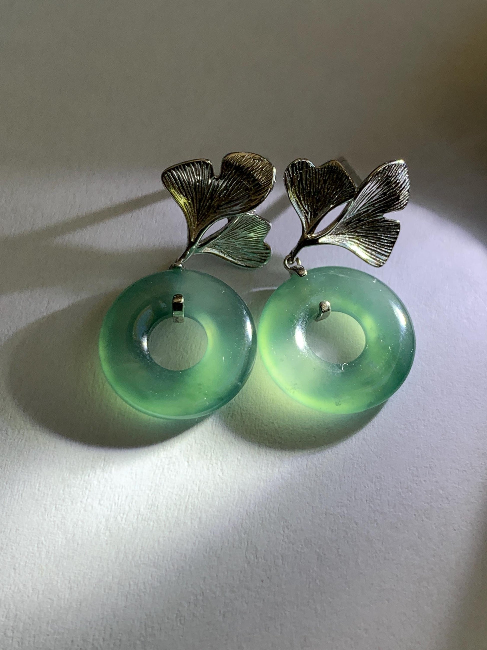 Natural Grade A Guatemalan Icy Teal Green Jade Jadeite Ping An Kou Donut Ginkgo Leaf Earrings Sterling Silver 天然冰危蓝绿翡翠平安扣银杏叶耳钉 WQK110