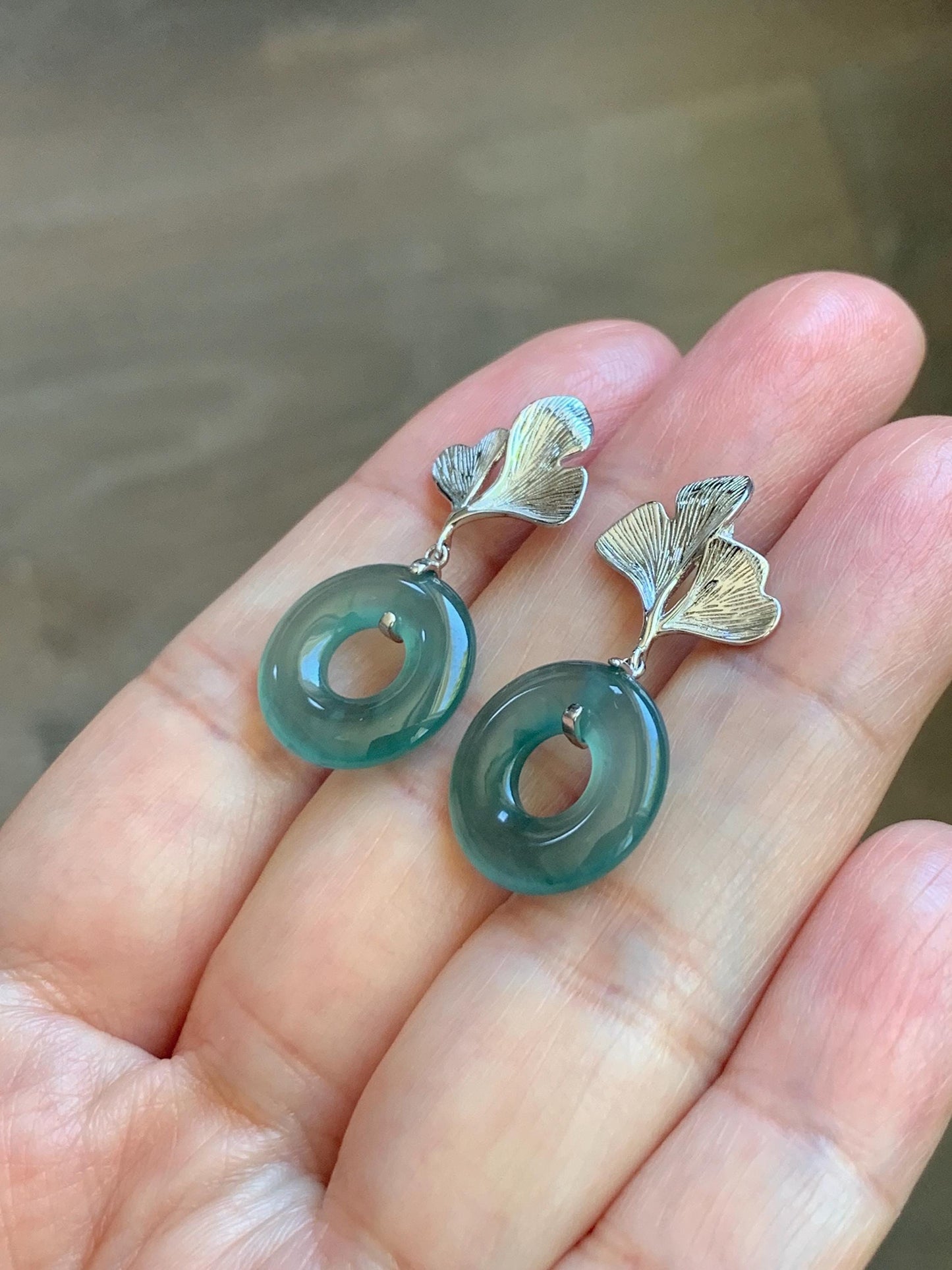Natural Grade A Guatemalan Icy Teal Green Jade Jadeite Ping An Kou Donut Ginkgo Leaf Earrings Sterling Silver 天然冰危蓝绿翡翠平安扣银杏叶耳钉 WQK110