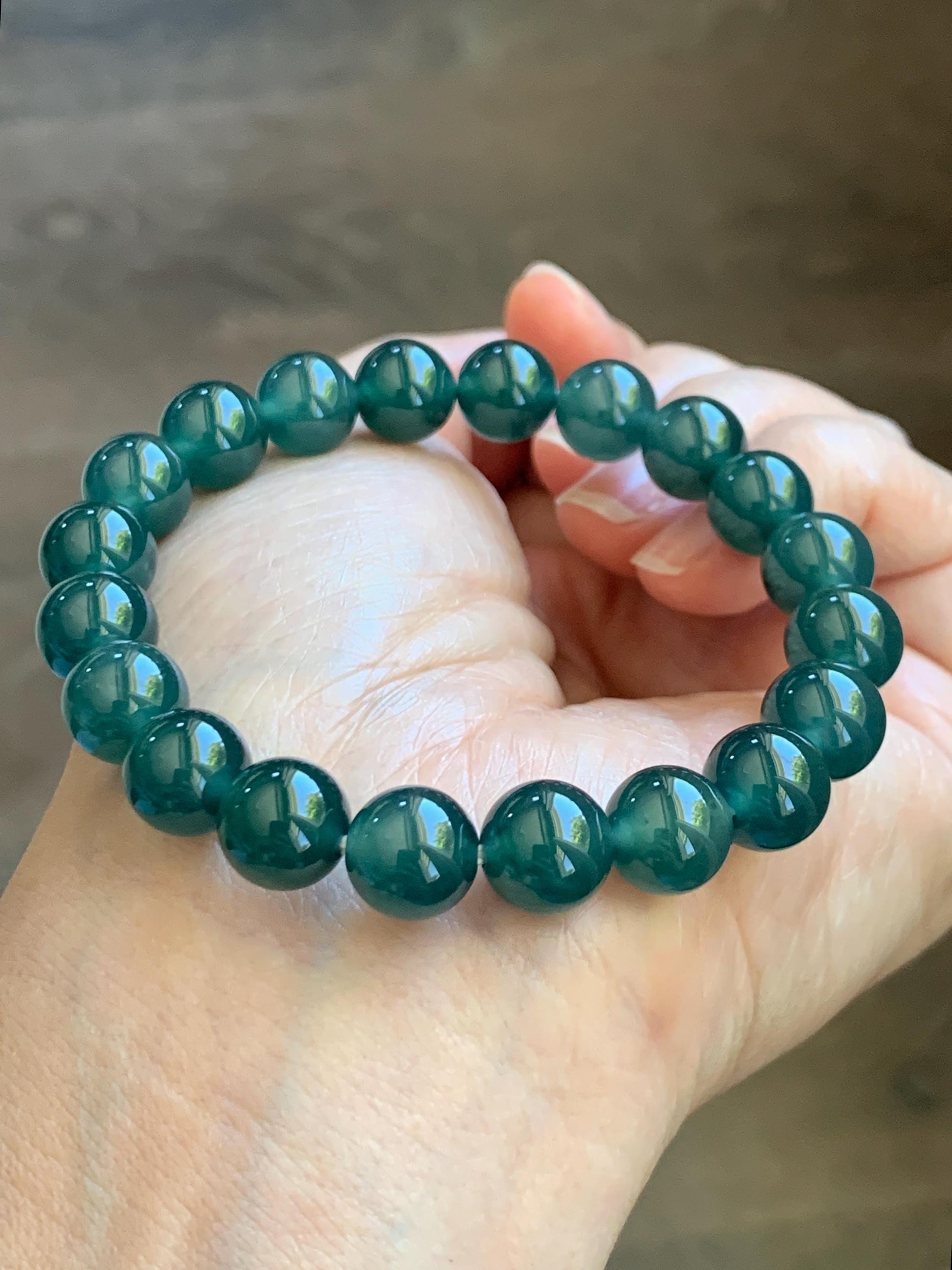 Natural Grade A Guatemalan Icy Translucent Dark Teal Green Jade Jadeite Beaded Bracelet Stretchy 9.5mm 7” 28g 天然冰危老种深蓝绿翡翠圆珠手串 WLZ550B