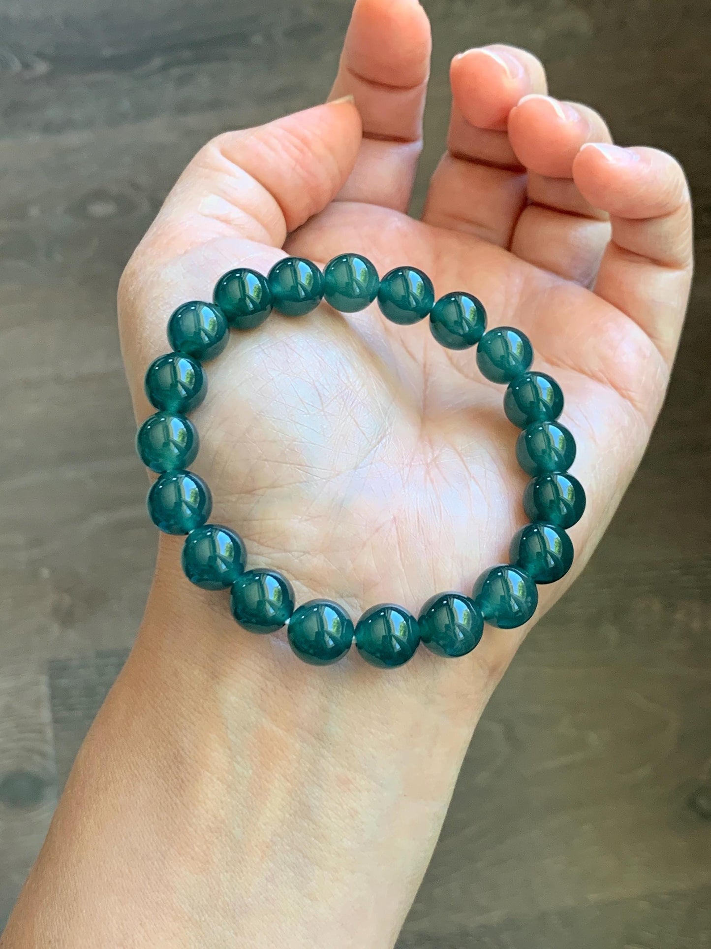 Natural Grade A Guatemalan Icy Translucent Dark Teal Green Jade Jadeite Beaded Bracelet Stretchy 9.5mm 7” 28g 天然冰危老种深蓝绿翡翠圆珠手串 WLZ550B