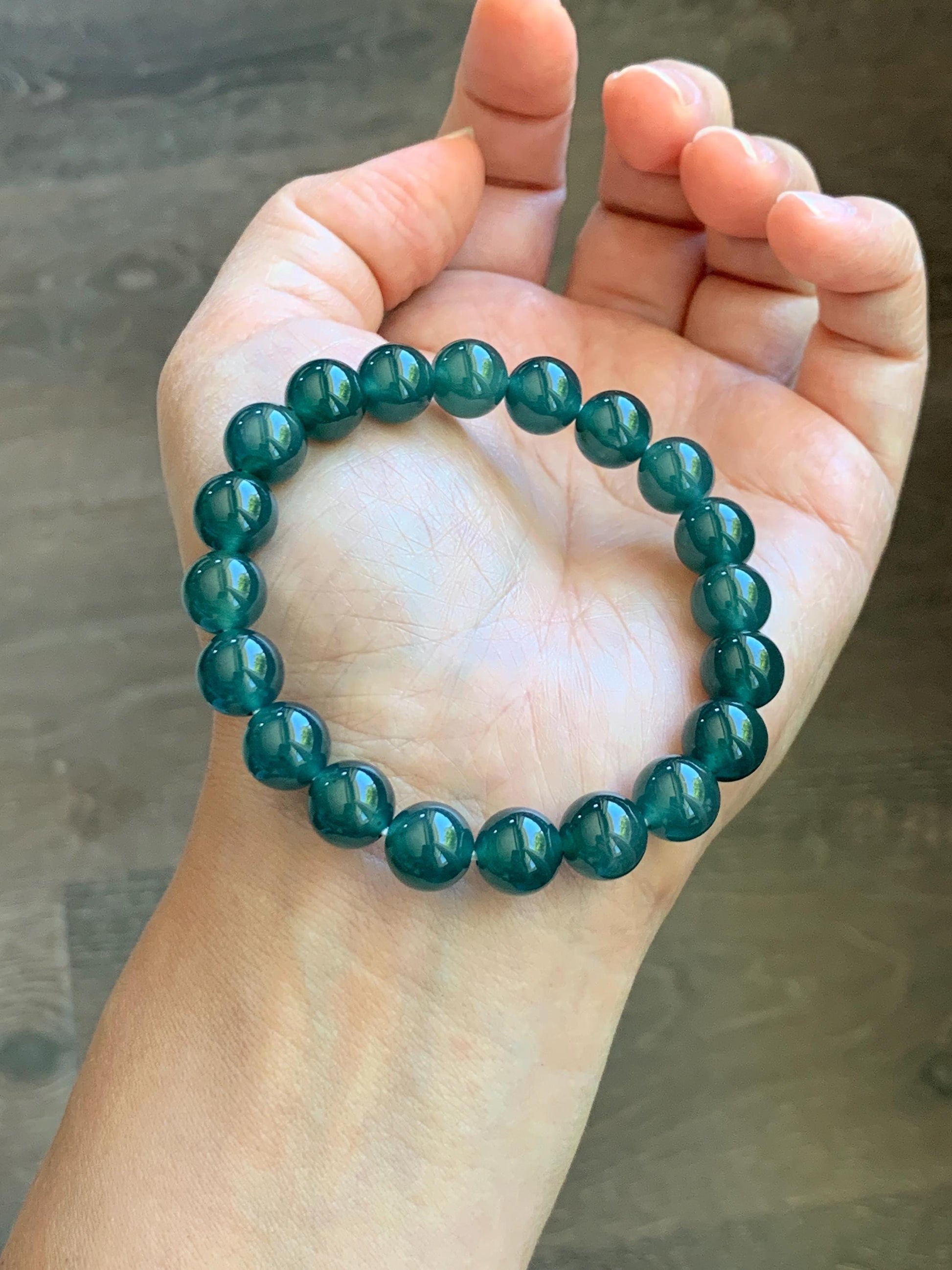 Natural Grade A Guatemalan Icy Translucent Dark Teal Green Jade Jadeite Beaded Bracelet Stretchy 9.5mm 7” 28g 天然冰危老种深蓝绿翡翠圆珠手串 WLZ550B