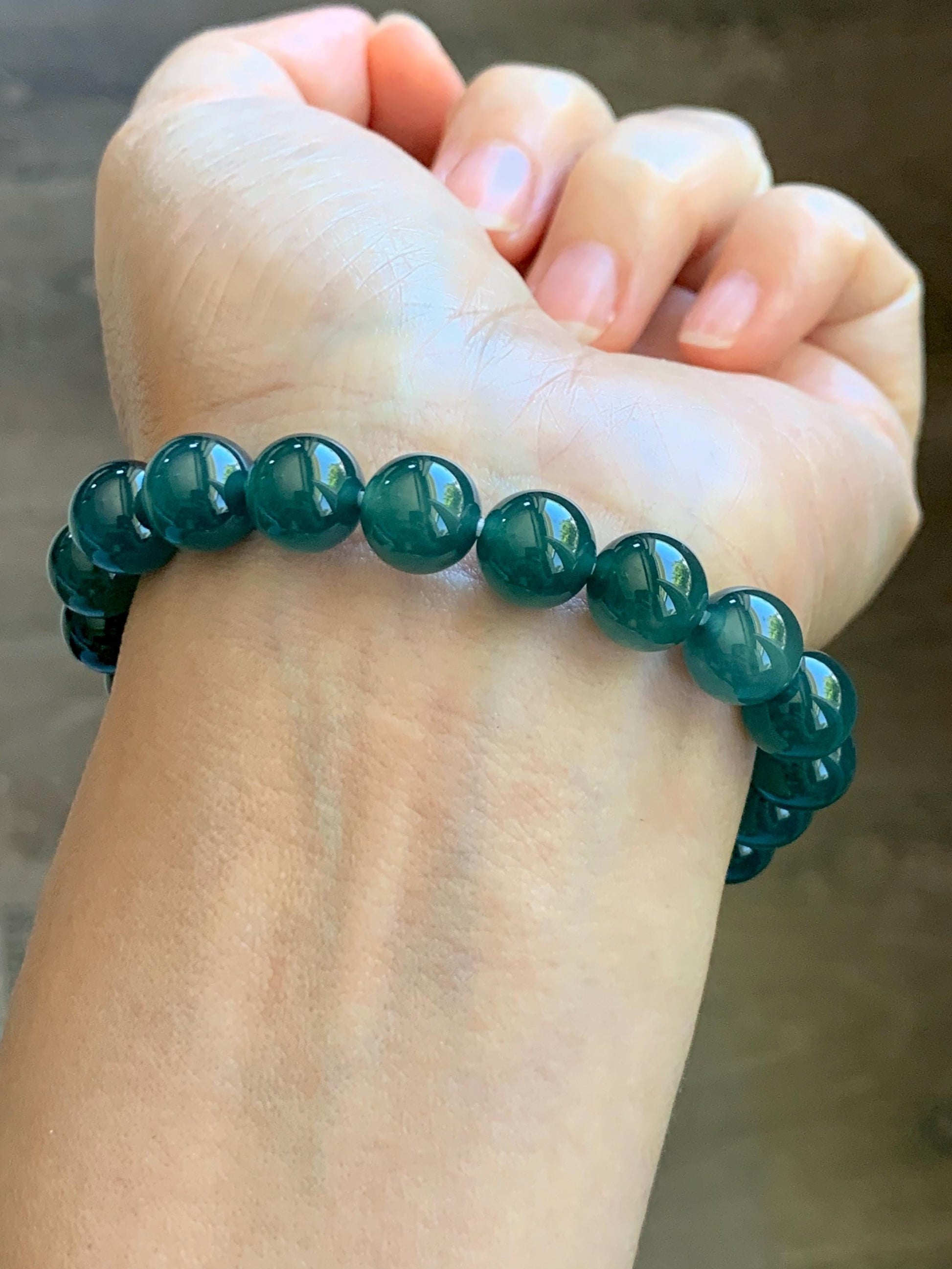 Natural Grade A Guatemalan Icy Translucent Dark Teal Green Jade Jadeite Beaded Bracelet Stretchy 9.5mm 7” 28g 天然冰危老种深蓝绿翡翠圆珠手串 WLZ550B