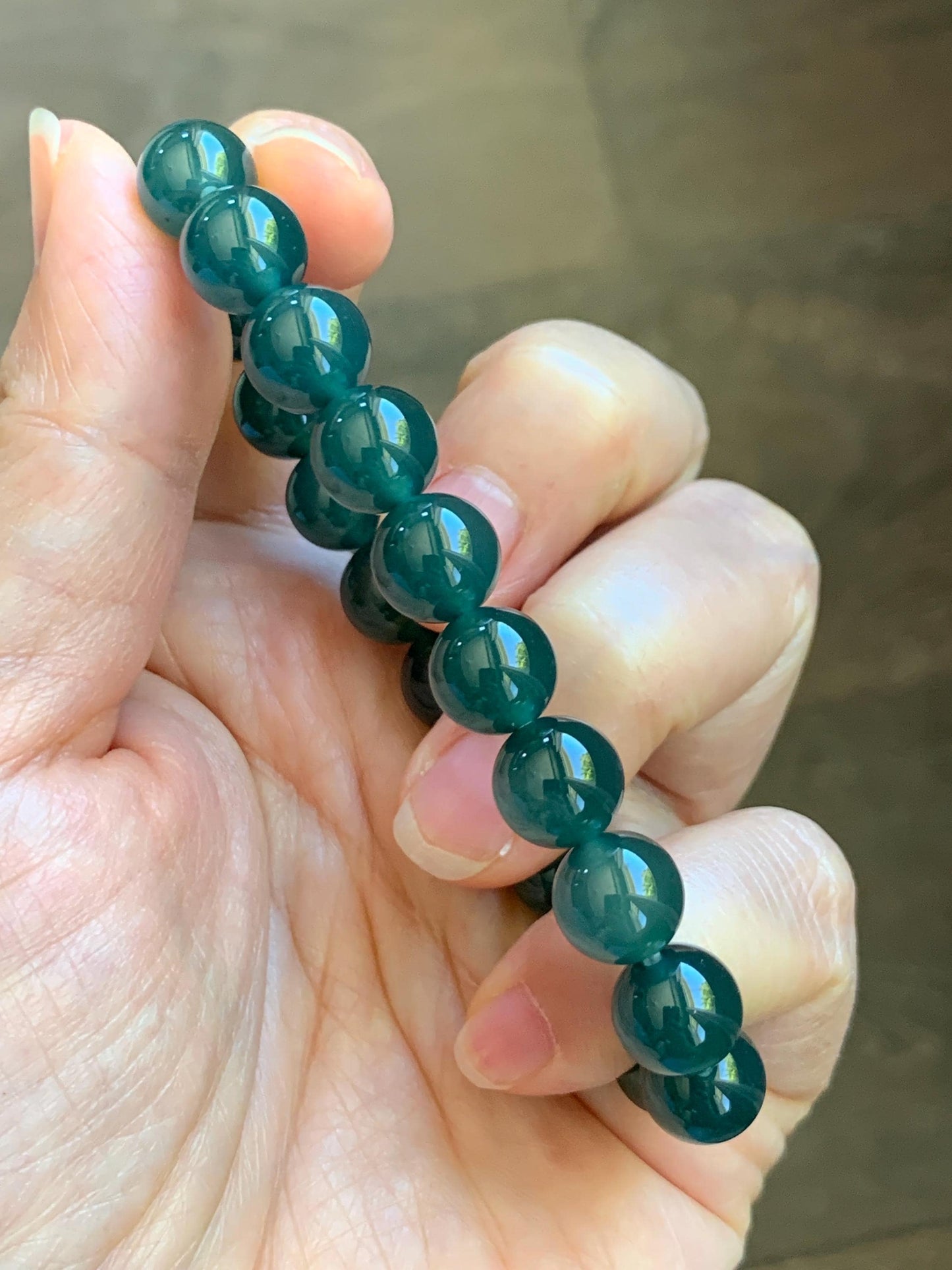 Natural Grade A Guatemalan Icy Translucent Dark Teal Green Jade Jadeite Beaded Bracelet Stretchy 9.5mm 7” 28g 天然冰危老种深蓝绿翡翠圆珠手串 WLZ550B