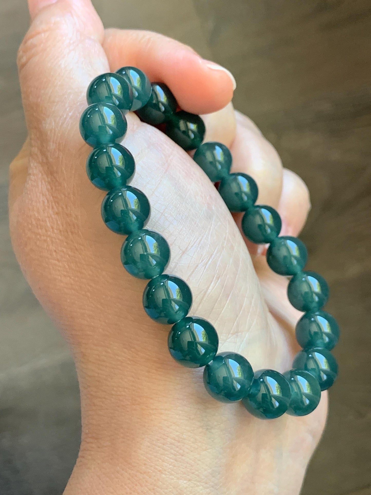 Natural Grade A Guatemalan Icy Translucent Dark Teal Green Jade Jadeite Beaded Bracelet Stretchy 9.5mm 7” 28g 天然冰危老种深蓝绿翡翠圆珠手串 WLZ550B