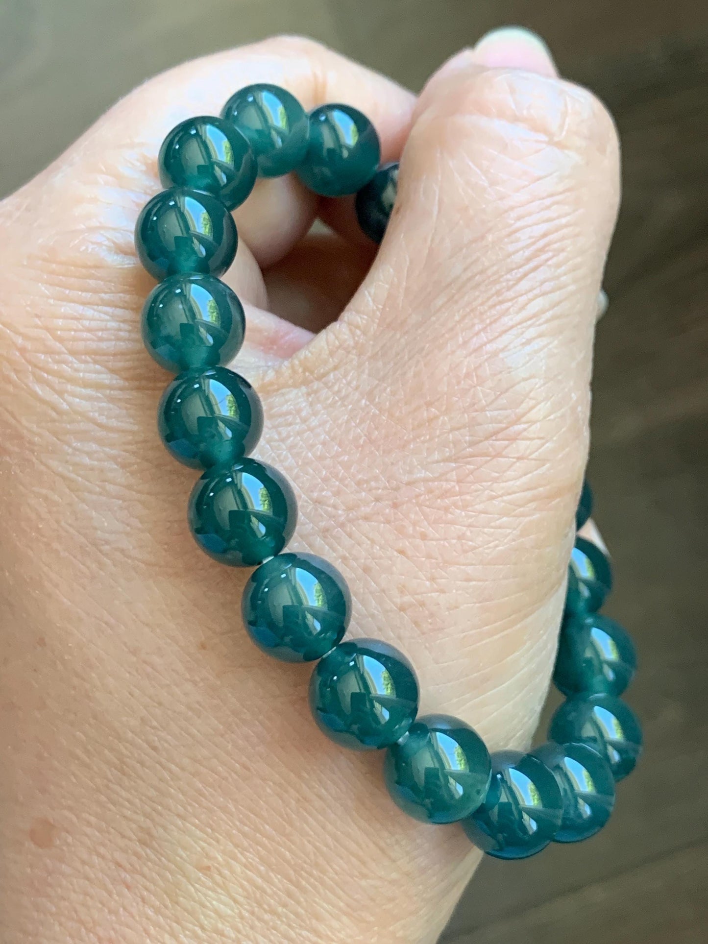 Natural Grade A Guatemalan Icy Translucent Dark Teal Green Jade Jadeite Beaded Bracelet Stretchy 9.5mm 7” 28g 天然冰危老种深蓝绿翡翠圆珠手串 WLZ550B