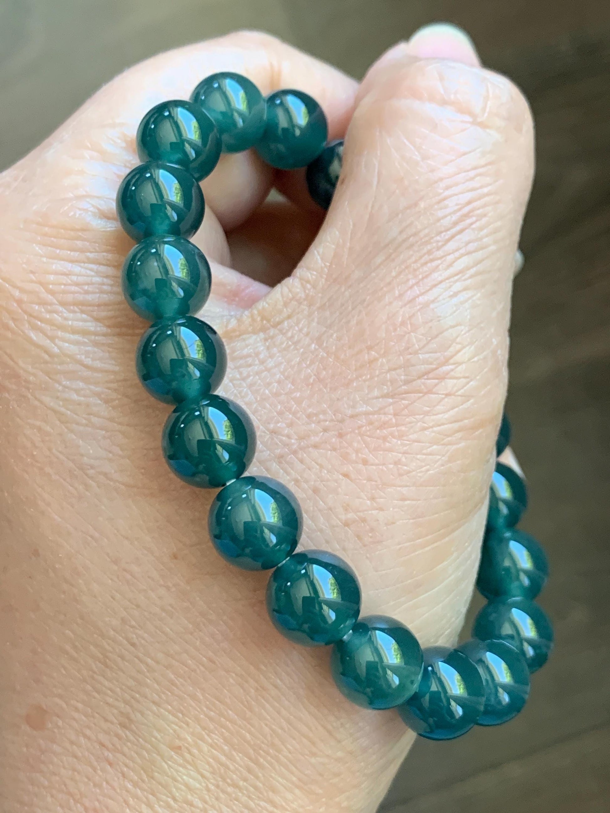 Natural Grade A Guatemalan Icy Translucent Dark Teal Green Jade Jadeite Beaded Bracelet Stretchy 9.5mm 7” 28g 天然冰危老种深蓝绿翡翠圆珠手串 WLZ550B