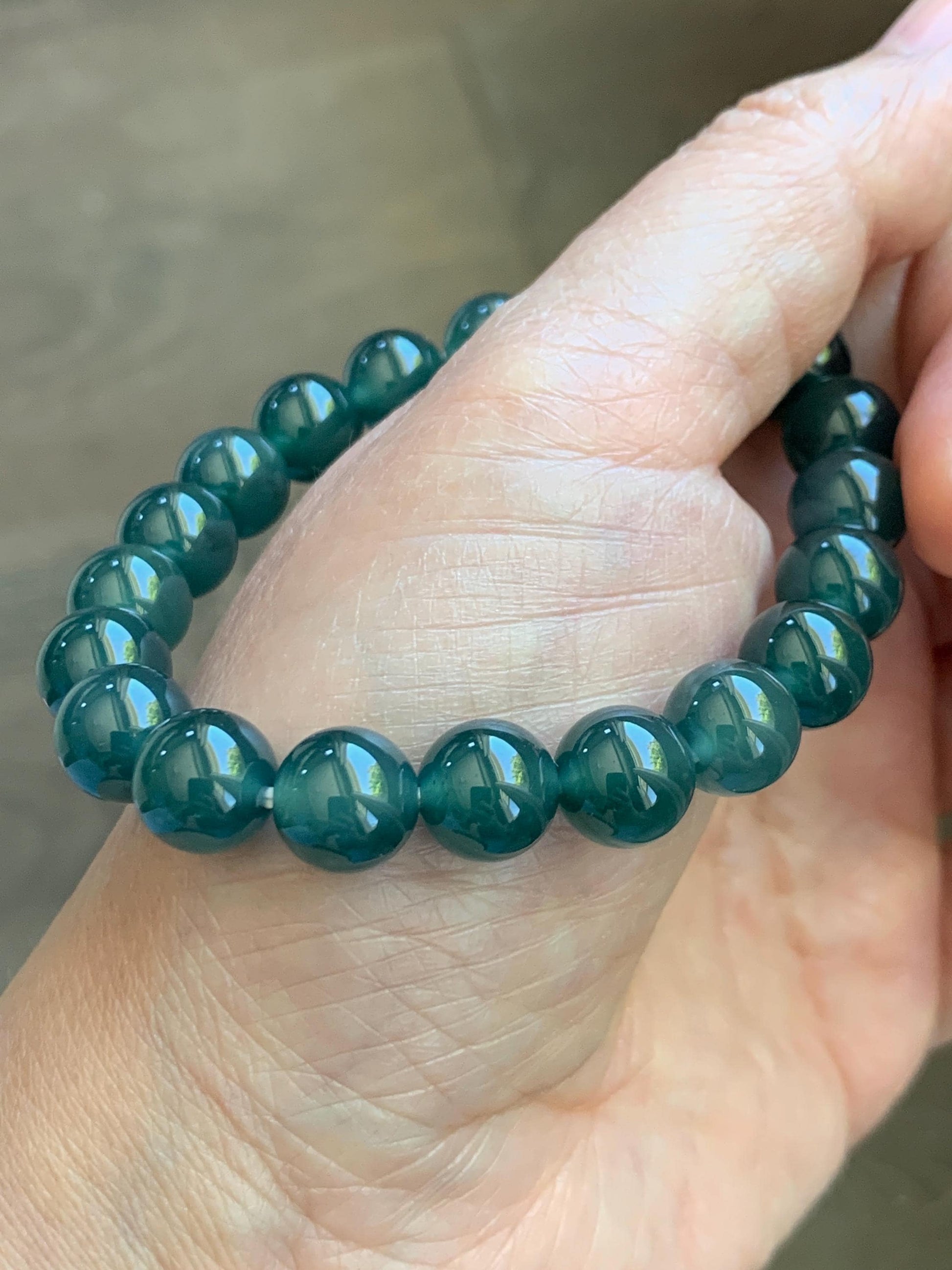 Natural Grade A Guatemalan Icy Translucent Dark Teal Green Jade Jadeite Beaded Bracelet Stretchy 9.5mm 7” 28g 天然冰危老种深蓝绿翡翠圆珠手串 WLZ550B