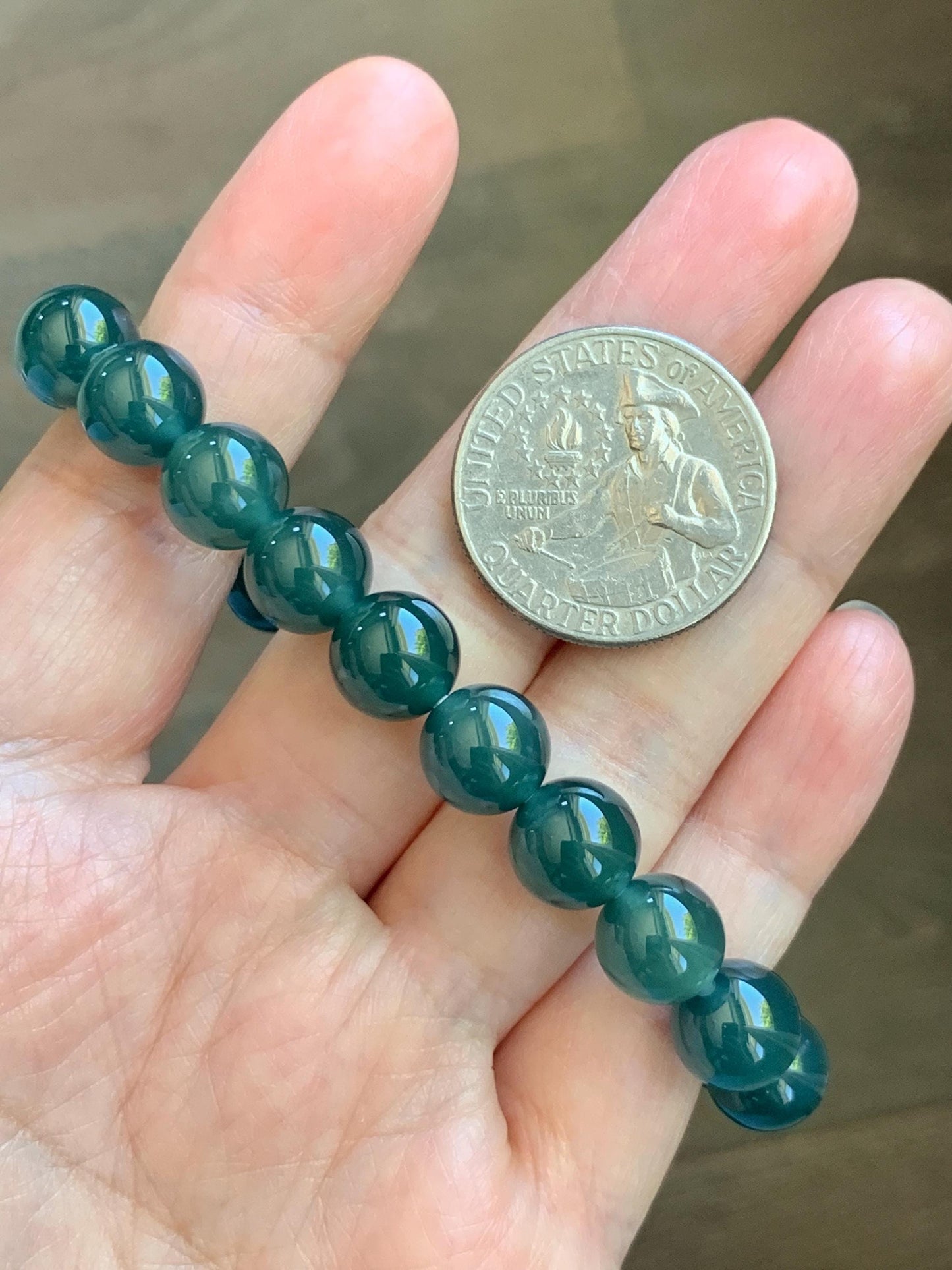Natural Grade A Guatemalan Icy Translucent Dark Teal Green Jade Jadeite Beaded Bracelet Stretchy 9.5mm 7” 28g 天然冰危老种深蓝绿翡翠圆珠手串 WLZ550B