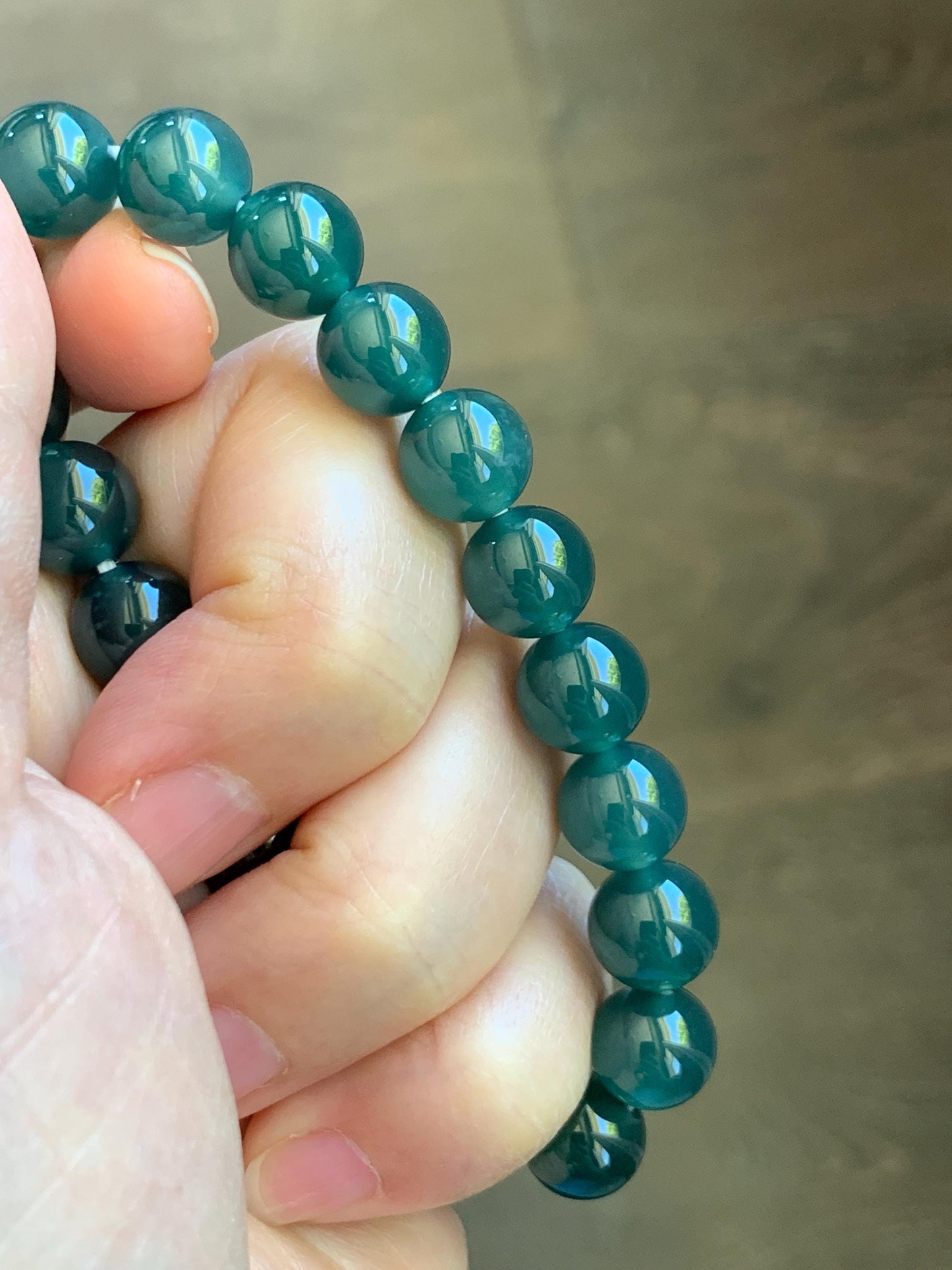 Natural Grade A Guatemalan Icy Translucent Dark Teal Green Jade Jadeite Beaded Bracelet Stretchy 9.5mm 7” 28g 天然冰危老种深蓝绿翡翠圆珠手串 WLZ550B