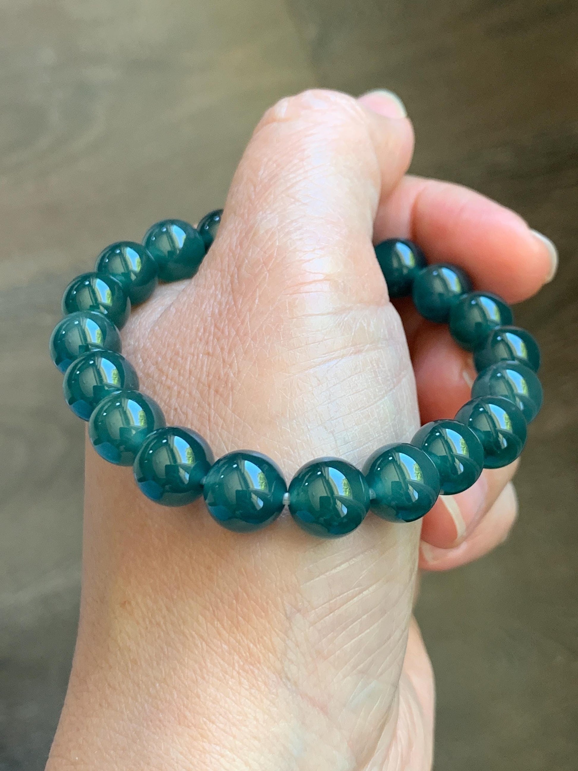 Natural Grade A Guatemalan Icy Translucent Dark Teal Green Jade Jadeite Beaded Bracelet Stretchy 9.5mm 7” 28g 天然冰危老种深蓝绿翡翠圆珠手串 WLZ550B