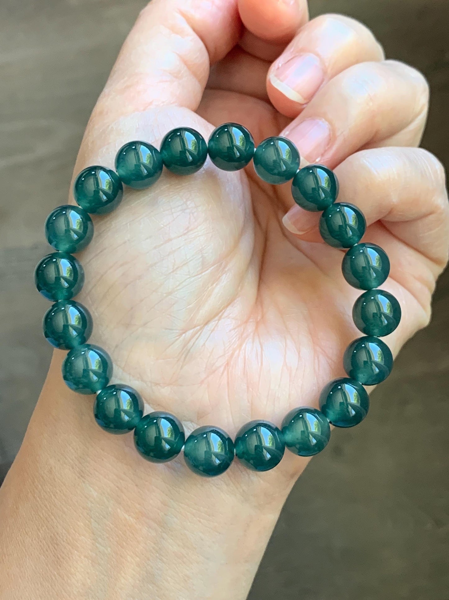 Natural Grade A Guatemalan Icy Translucent Dark Teal Green Jade Jadeite Beaded Bracelet Stretchy 9.5mm 7” 28g 天然冰危老种深蓝绿翡翠圆珠手串 WLZ550B