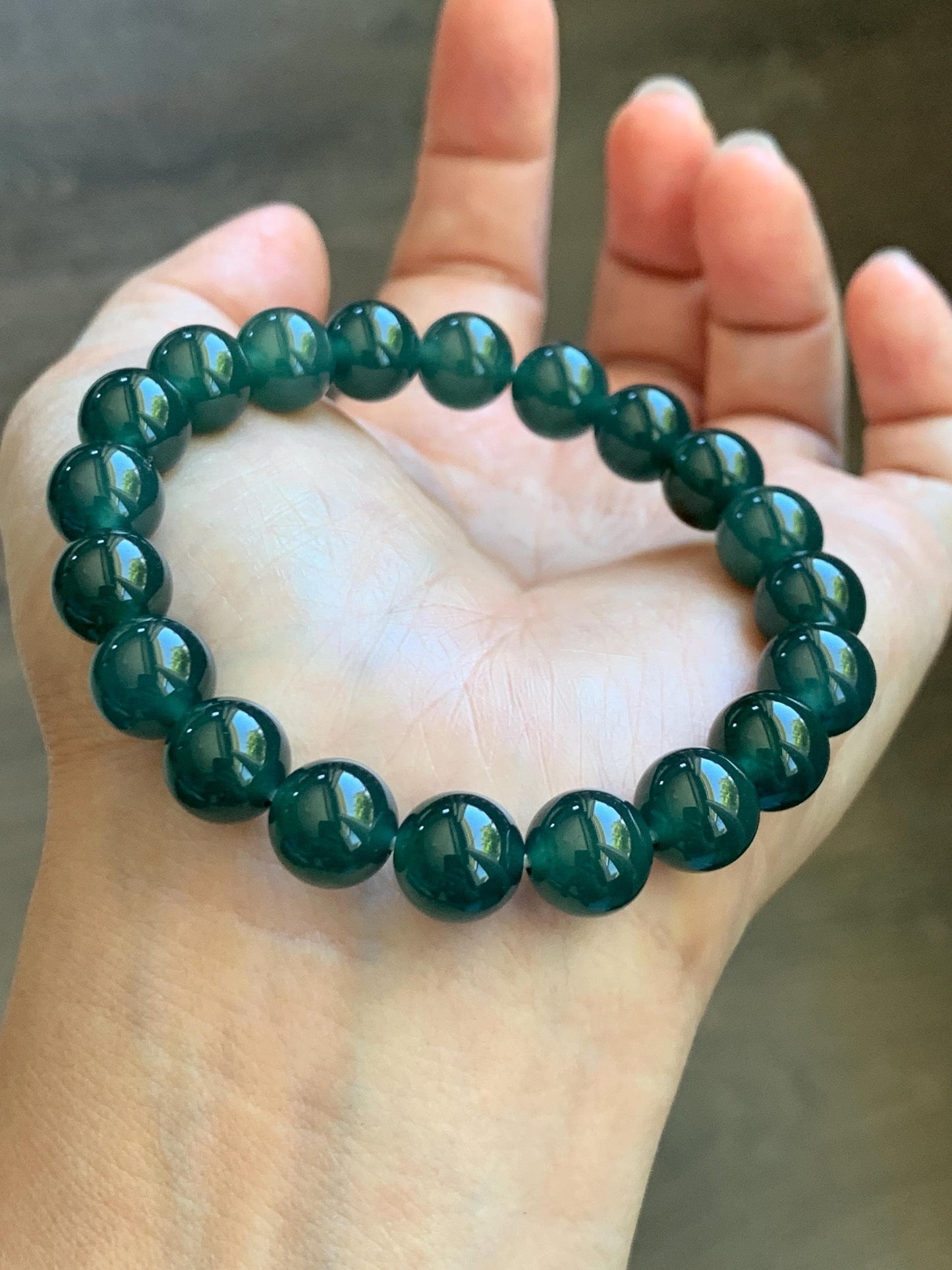 Natural Grade A Guatemalan Icy Translucent Dark Teal Green Jade Jadeite Beaded Bracelet Stretchy 9.5mm 7” 28g 天然冰危老种深蓝绿翡翠圆珠手串 WLZ550A
