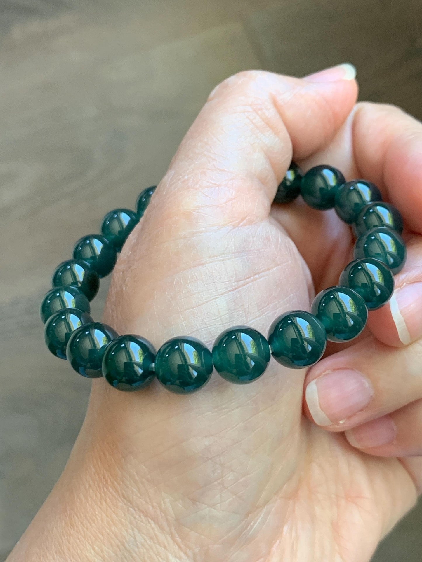 Natural Grade A Guatemalan Icy Translucent Dark Teal Green Jade Jadeite Beaded Bracelet Stretchy 9.5mm 7” 28g 天然冰危老种深蓝绿翡翠圆珠手串 WLZ550A