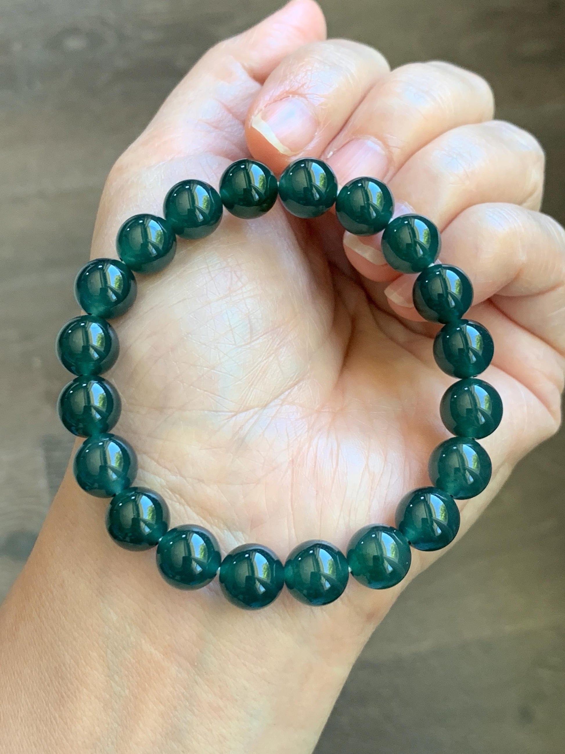 Natural Grade A Guatemalan Icy Translucent Dark Teal Green Jade Jadeite Beaded Bracelet Stretchy 9.5mm 7” 28g 天然冰危老种深蓝绿翡翠圆珠手串 WLZ550A