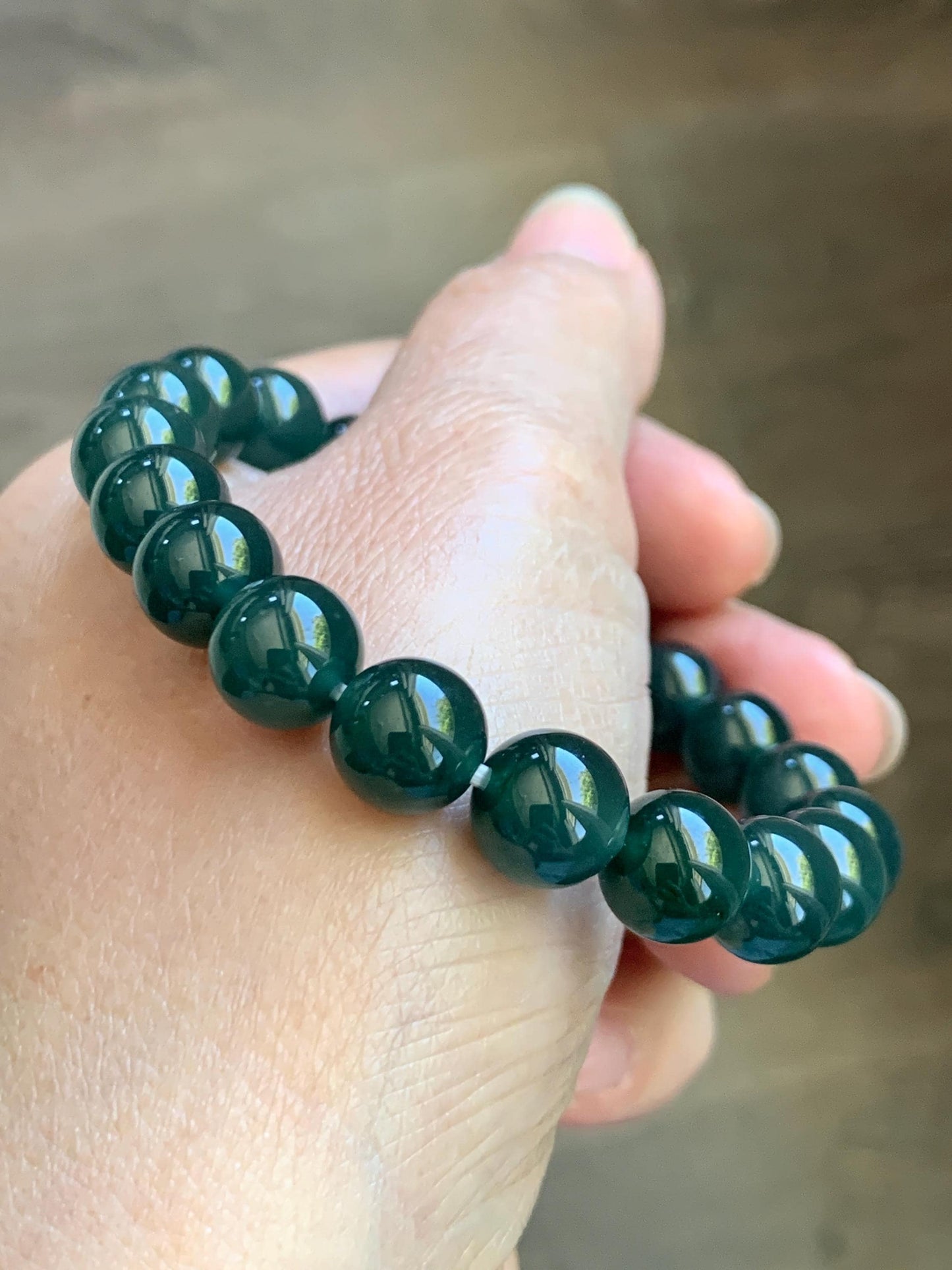 Natural Grade A Guatemalan Icy Translucent Dark Teal Green Jade Jadeite Beaded Bracelet Stretchy 9.5mm 7” 28g 天然冰危老种深蓝绿翡翠圆珠手串 WLZ550A