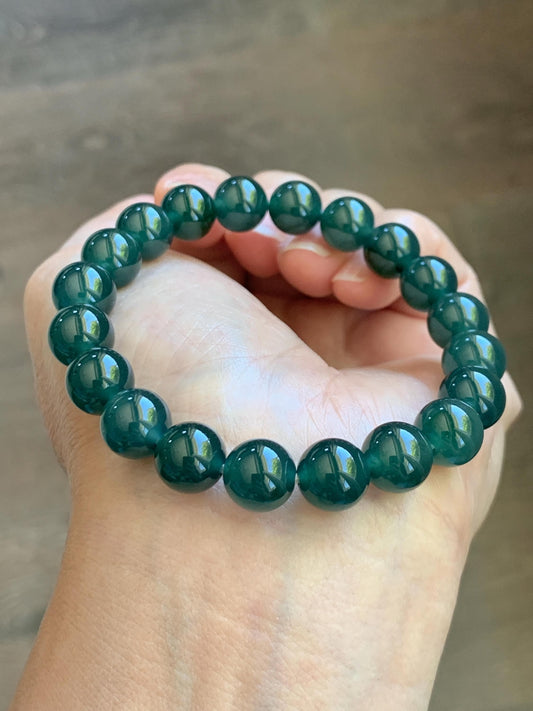 Natural Grade A Guatemalan Icy Translucent Dark Teal Green Jade Jadeite Beaded Bracelet Stretchy 9.5mm 7” 28g 天然冰危老种深蓝绿翡翠圆珠手串 WLZ550A