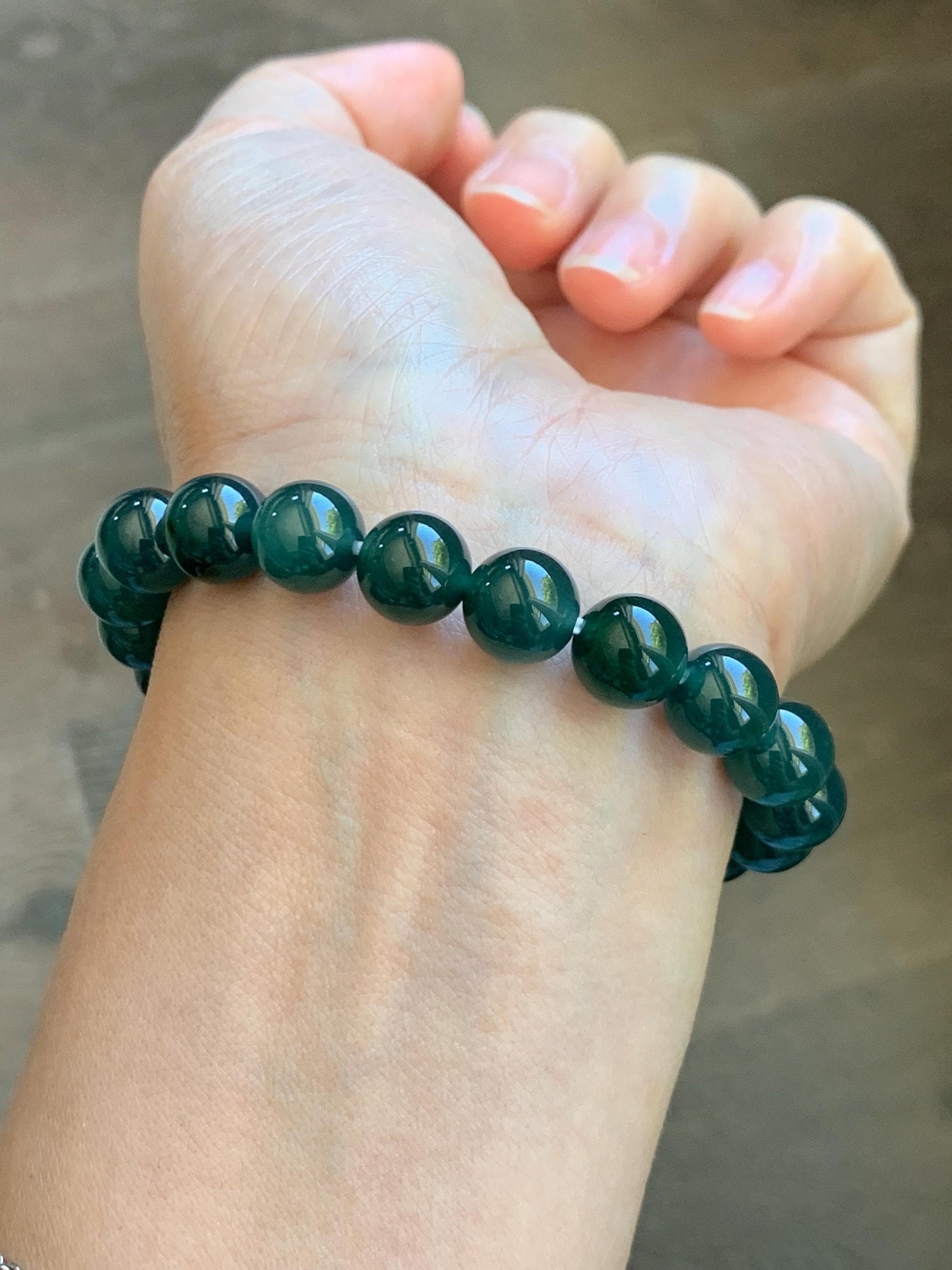 Natural Grade A Guatemalan Icy Translucent Dark Teal Green Jade Jadeite Beaded Bracelet Stretchy 9.5mm 7” 28g 天然冰危老种深蓝绿翡翠圆珠手串 WLZ550A