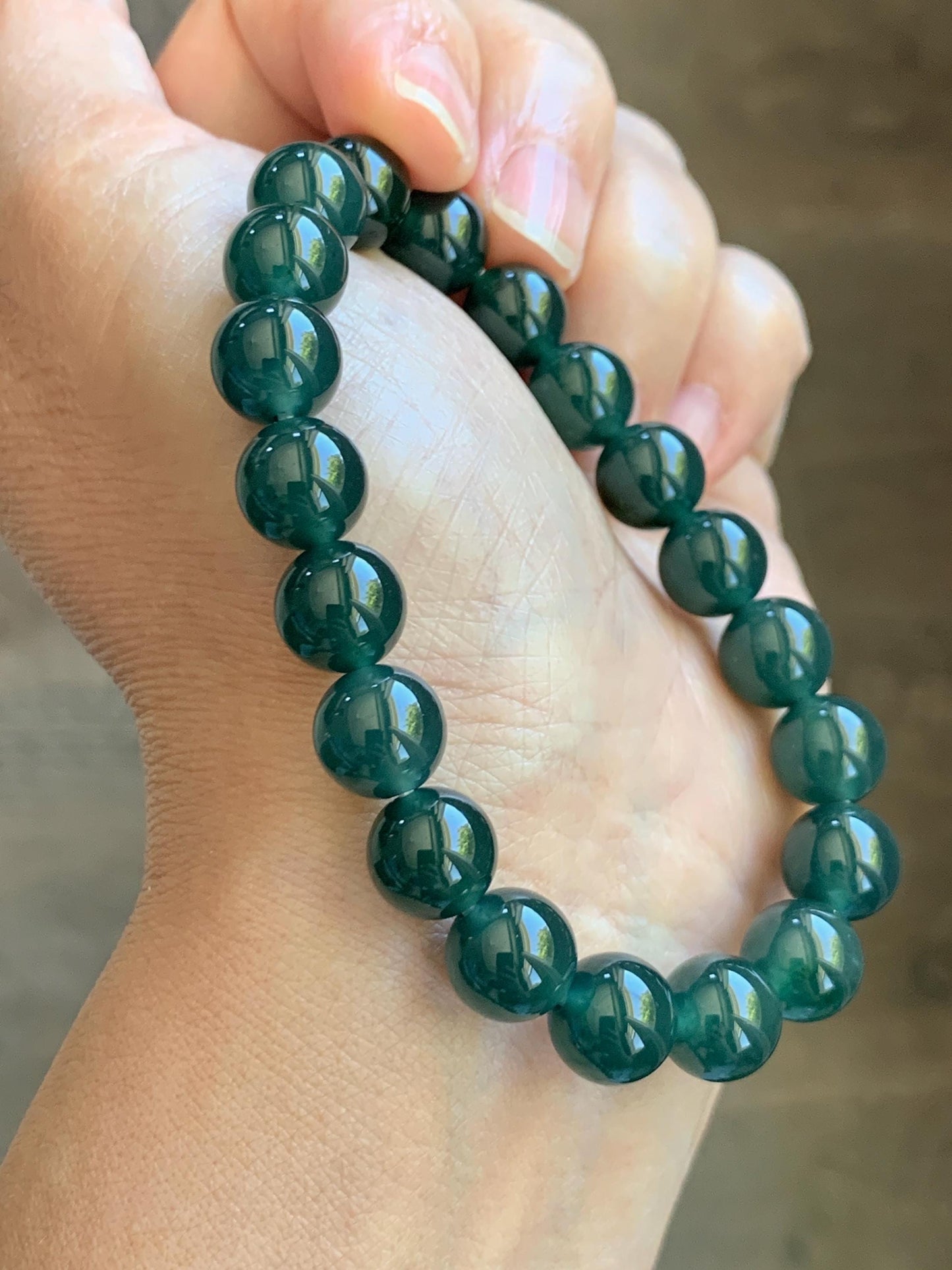 Natural Grade A Guatemalan Icy Translucent Dark Teal Green Jade Jadeite Beaded Bracelet Stretchy 9.5mm 7” 28g 天然冰危老种深蓝绿翡翠圆珠手串 WLZ550A
