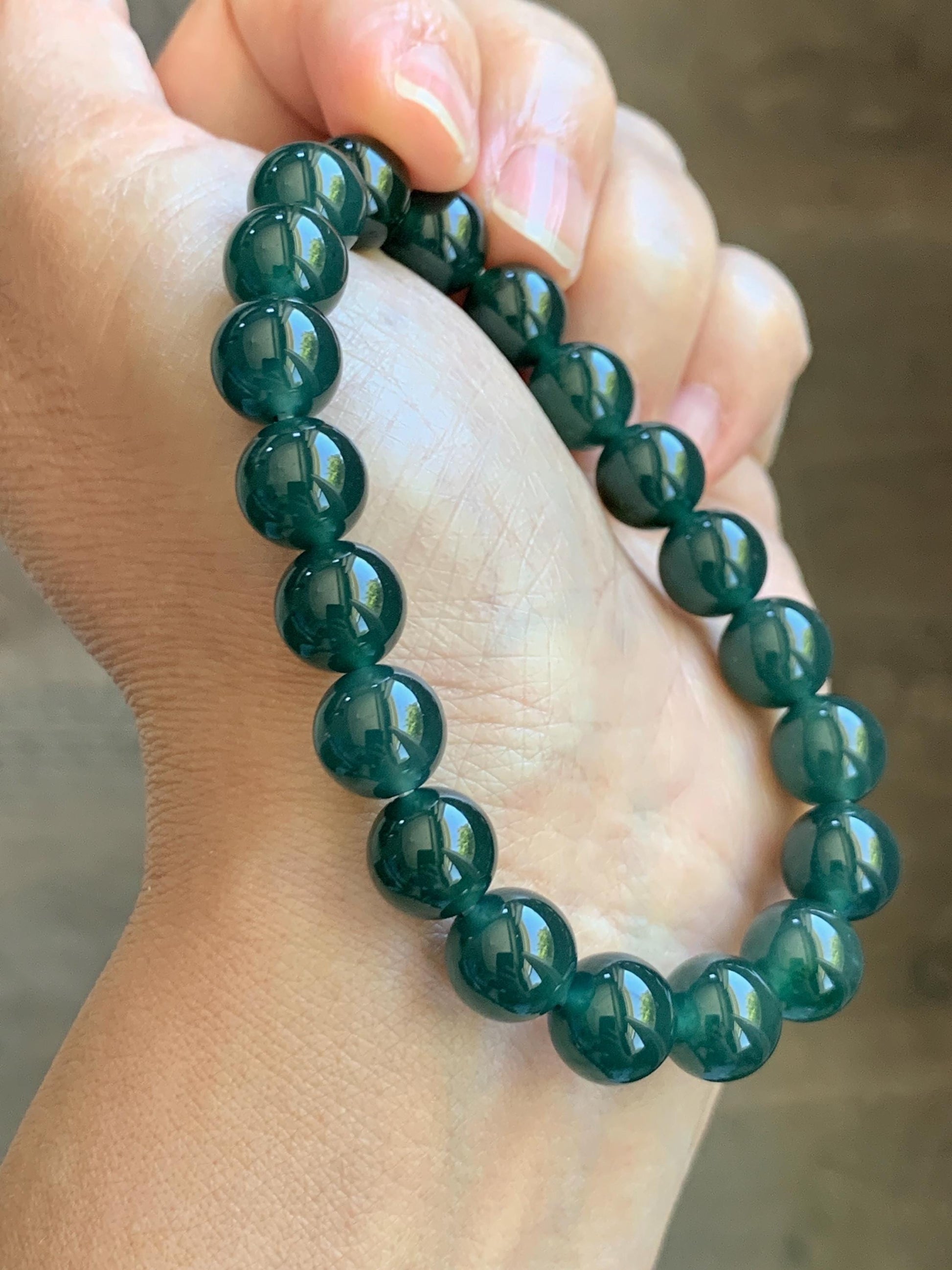 Natural Grade A Guatemalan Icy Translucent Dark Teal Green Jade Jadeite Beaded Bracelet Stretchy 9.5mm 7” 28g 天然冰危老种深蓝绿翡翠圆珠手串 WLZ550A