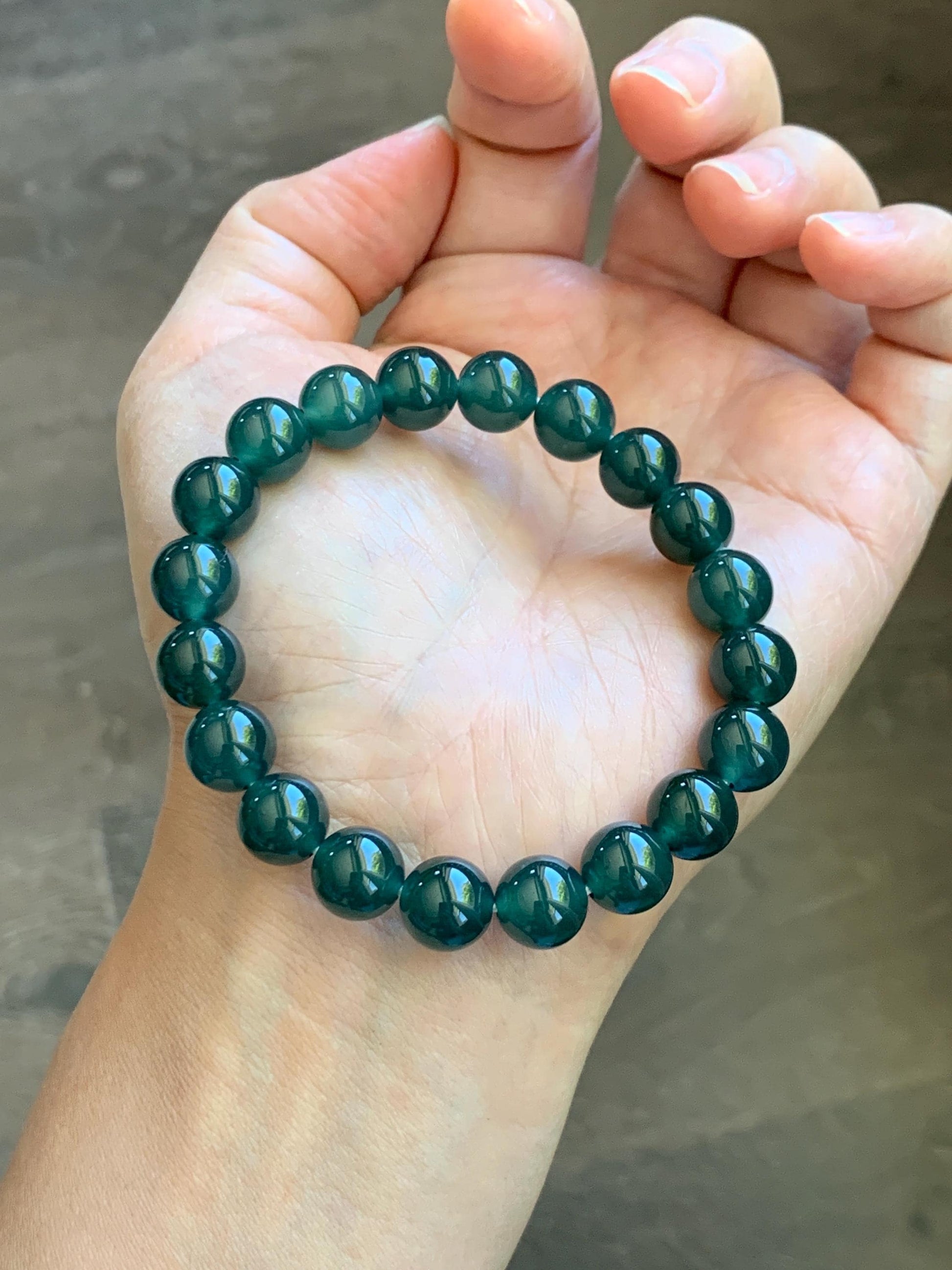 Natural Grade A Guatemalan Icy Translucent Dark Teal Green Jade Jadeite Beaded Bracelet Stretchy 9.5mm 7” 28g 天然冰危老种深蓝绿翡翠圆珠手串 WLZ550A