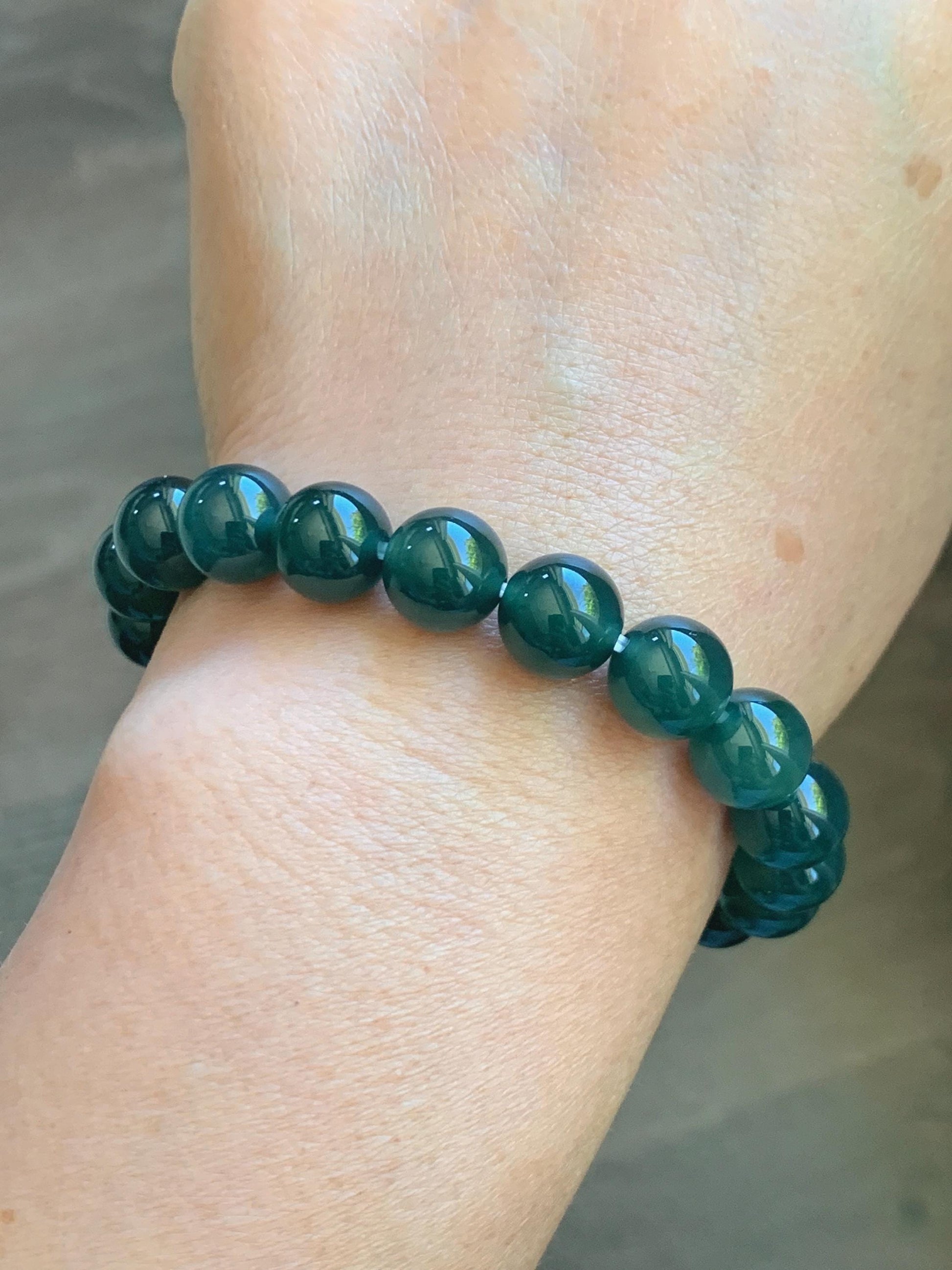 Natural Grade A Guatemalan Icy Translucent Dark Teal Green Jade Jadeite Beaded Bracelet Stretchy 9.5mm 7” 28g 天然冰危老种深蓝绿翡翠圆珠手串 WLZ550A