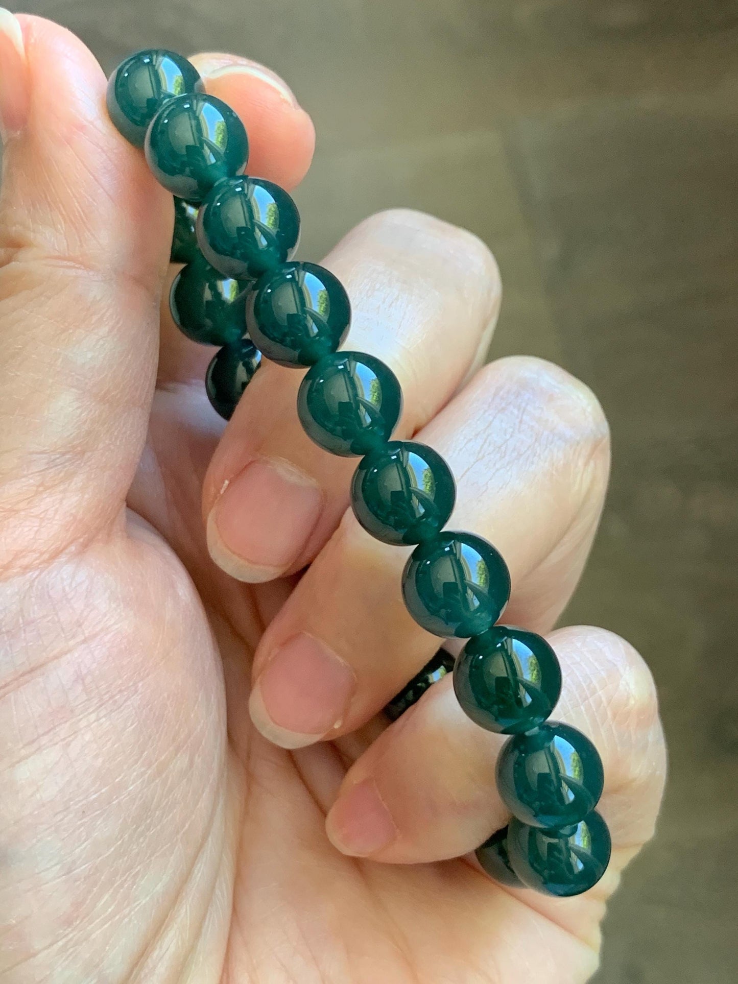 Natural Grade A Guatemalan Icy Translucent Dark Teal Green Jade Jadeite Beaded Bracelet Stretchy 9.5mm 7” 28g 天然冰危老种深蓝绿翡翠圆珠手串 WLZ550A
