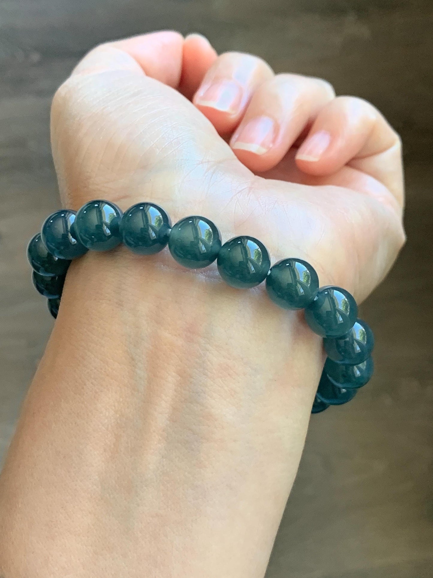 Natural Grade A Guatemalan Icy Translucent Dark Teal Blue Jade Jadeite Beaded Bracelet Stretchy 9.8mm 7.25” 33g 天然冰危老种深蓝绿翡翠圆珠手串 WSB330