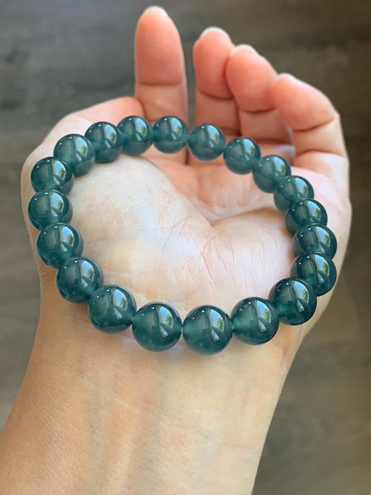 Natural Grade A Guatemalan Icy Translucent Dark Teal Blue Jade Jadeite Beaded Bracelet Stretchy 9.8mm 7.25” 33g 天然冰危老种深蓝绿翡翠圆珠手串 WSB330