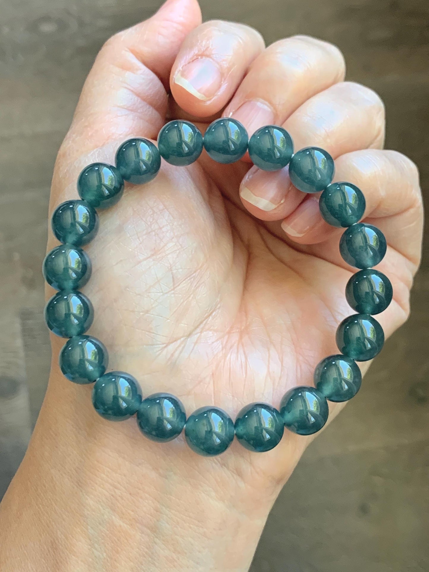 Natural Grade A Guatemalan Icy Translucent Dark Teal Blue Jade Jadeite Beaded Bracelet Stretchy 9.8mm 7.25” 33g 天然冰危老种深蓝绿翡翠圆珠手串 WSB330