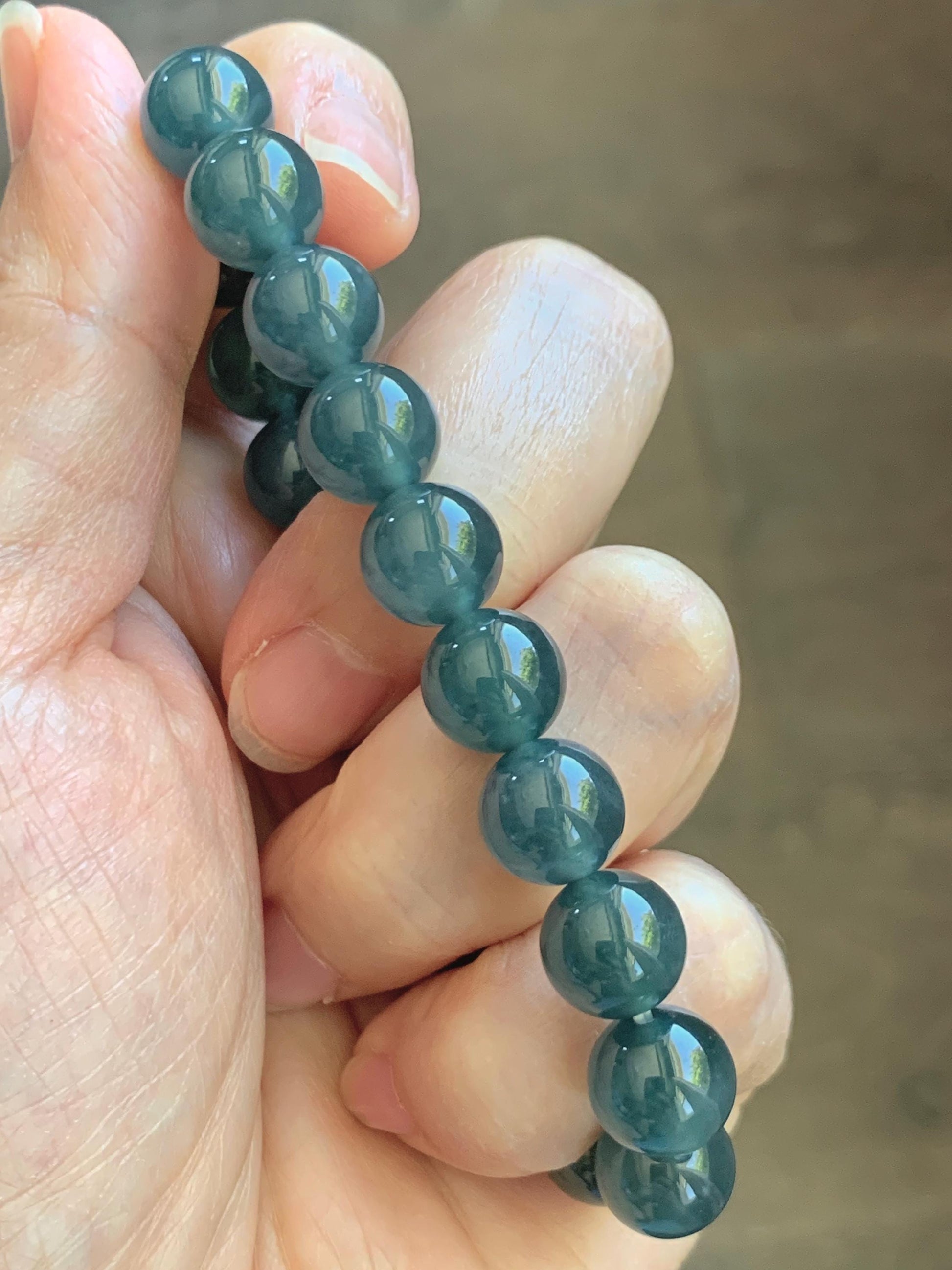 Natural Grade A Guatemalan Icy Translucent Dark Teal Blue Jade Jadeite Beaded Bracelet Stretchy 9.8mm 7.25” 33g 天然冰危老种深蓝绿翡翠圆珠手串 WSB330