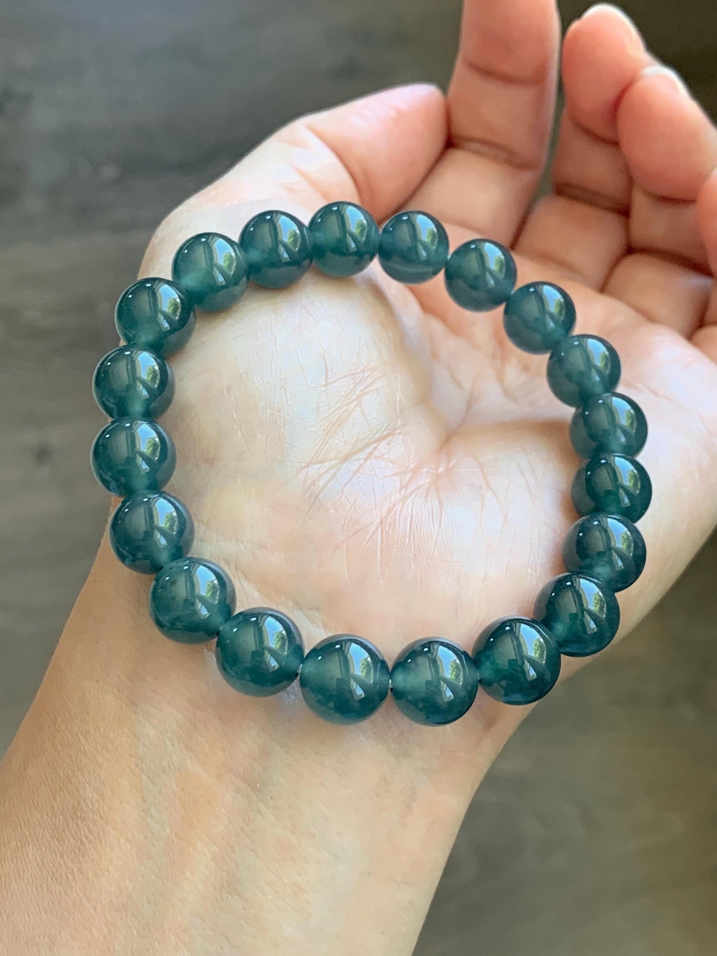 Natural Grade A Guatemalan Icy Translucent Dark Teal Blue Jade Jadeite Beaded Bracelet Stretchy 9.8mm 7.25” 33g 天然冰危老种深蓝绿翡翠圆珠手串 WSB330